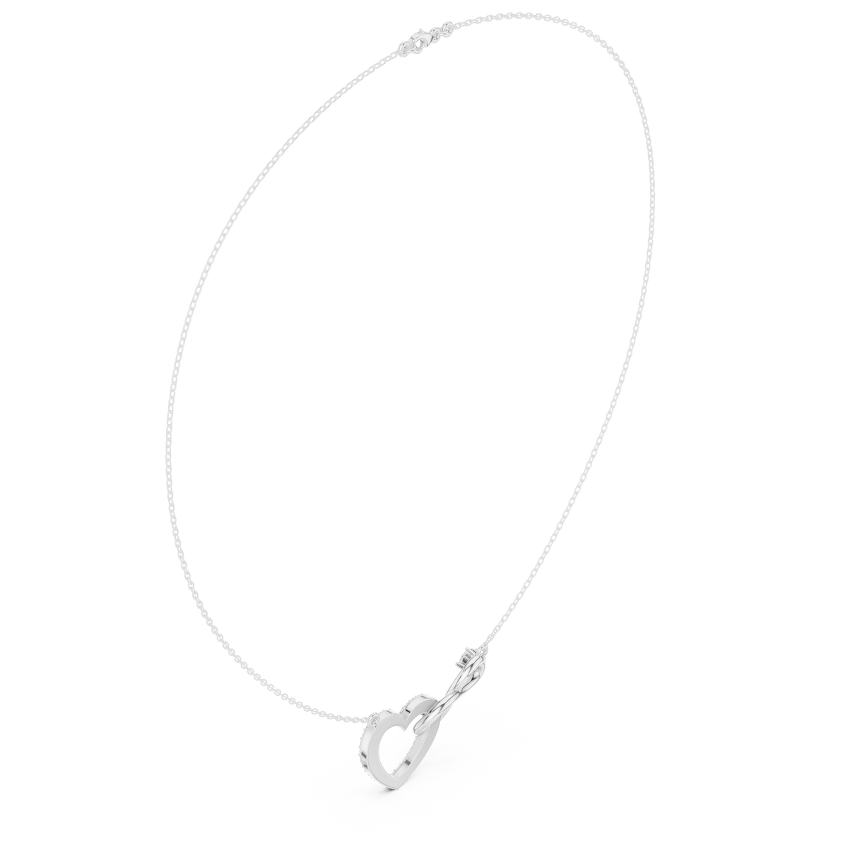 White gold diamond heart necklace with heart-shaped love-knot pendant on chain