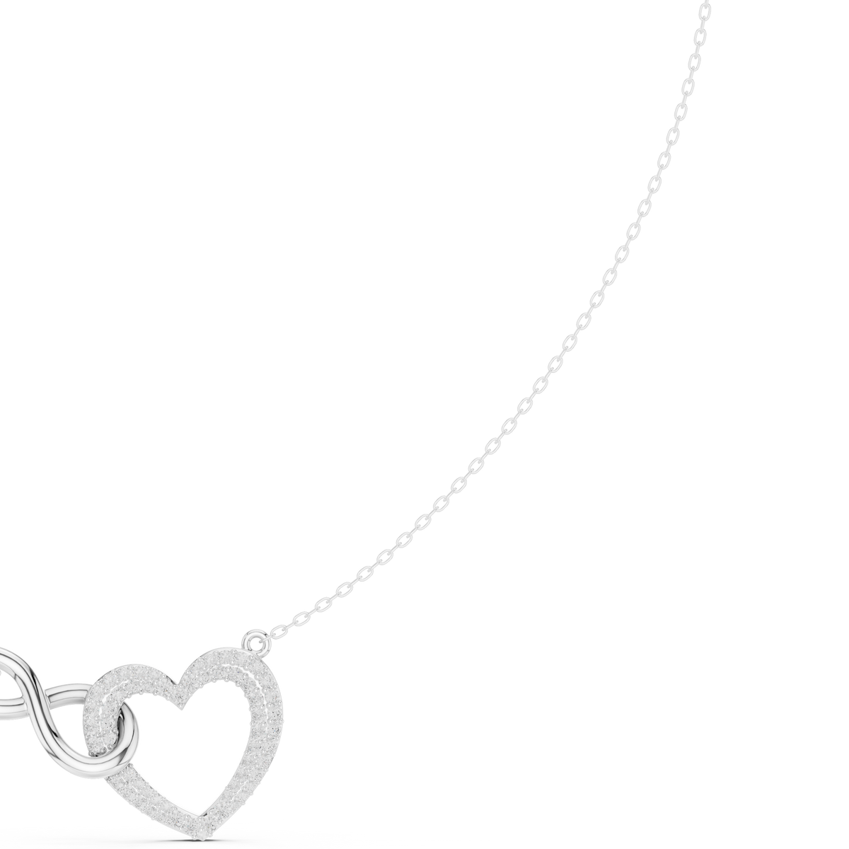 White gold diamond heart love knot necklace detail with heart drop charm