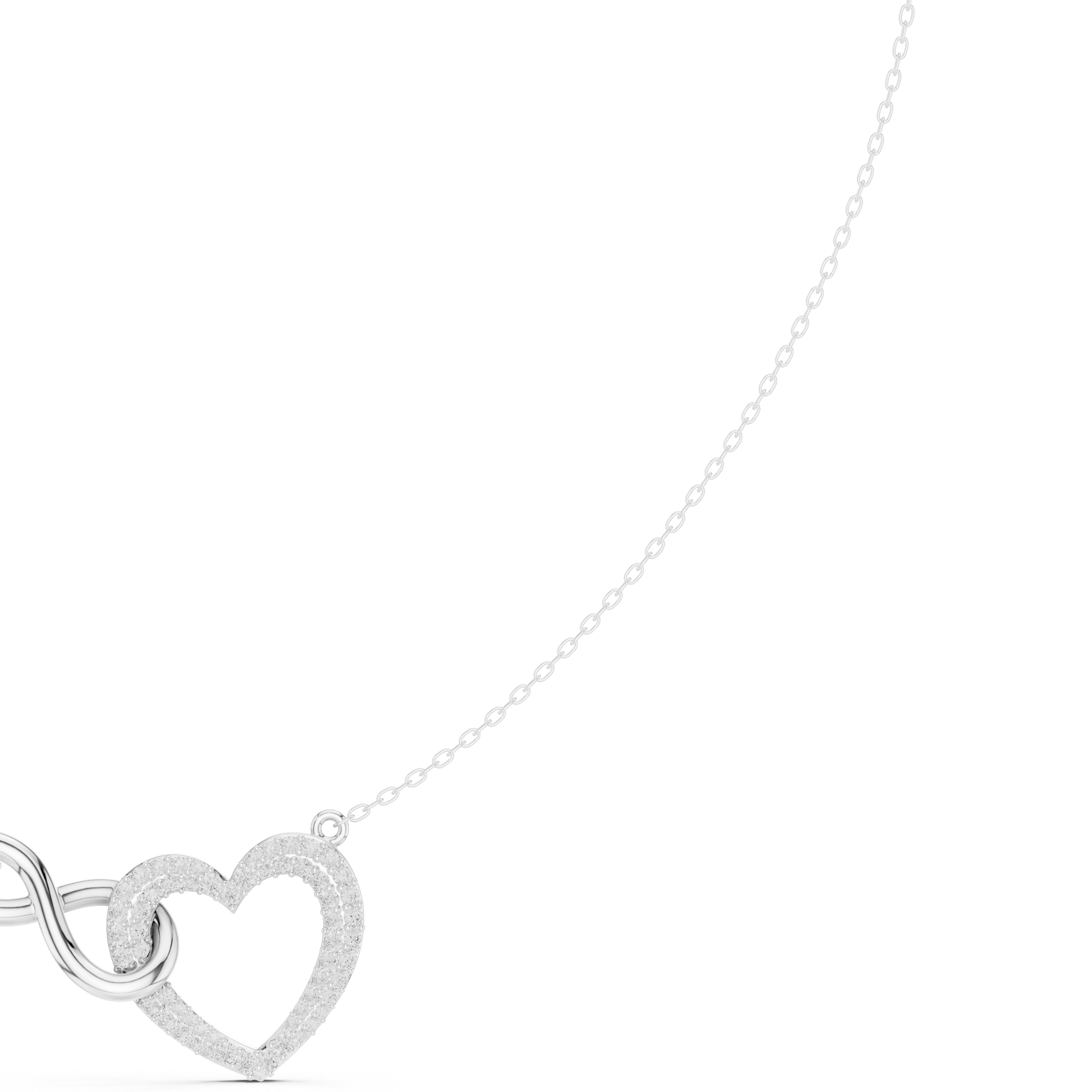 White gold diamond heart love knot necklace detail with heart drop charm
