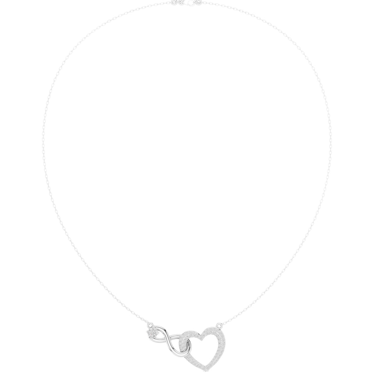 White gold diamond heart necklace with open heart love-knot pendant near clasp
