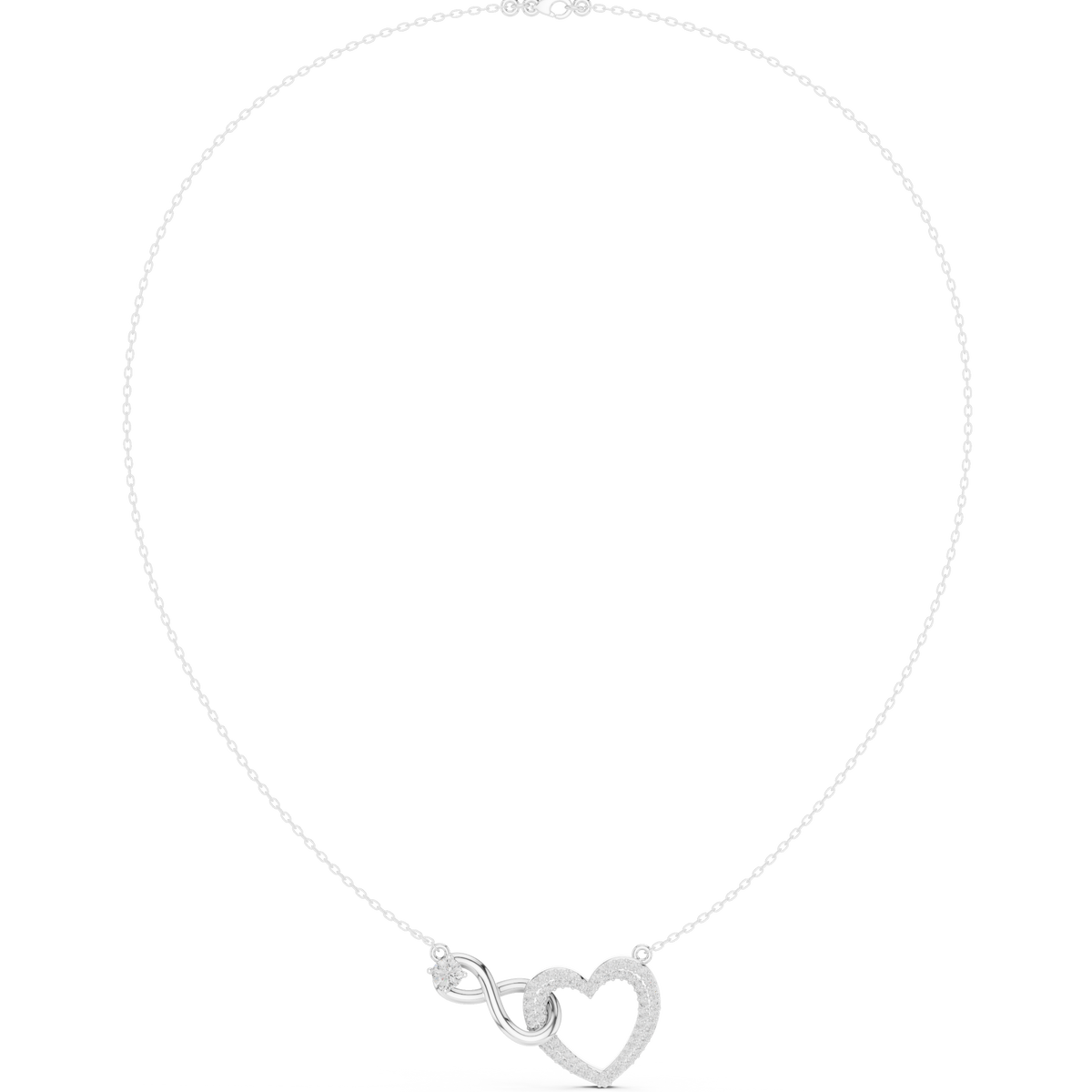 White gold diamond heart necklace with open heart love-knot pendant near clasp