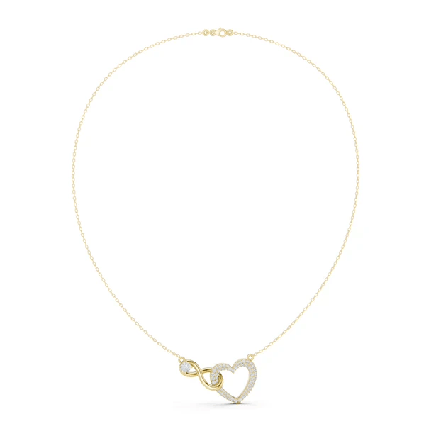 Yellow gold diamond heart love knot necklace with dangling heart charm