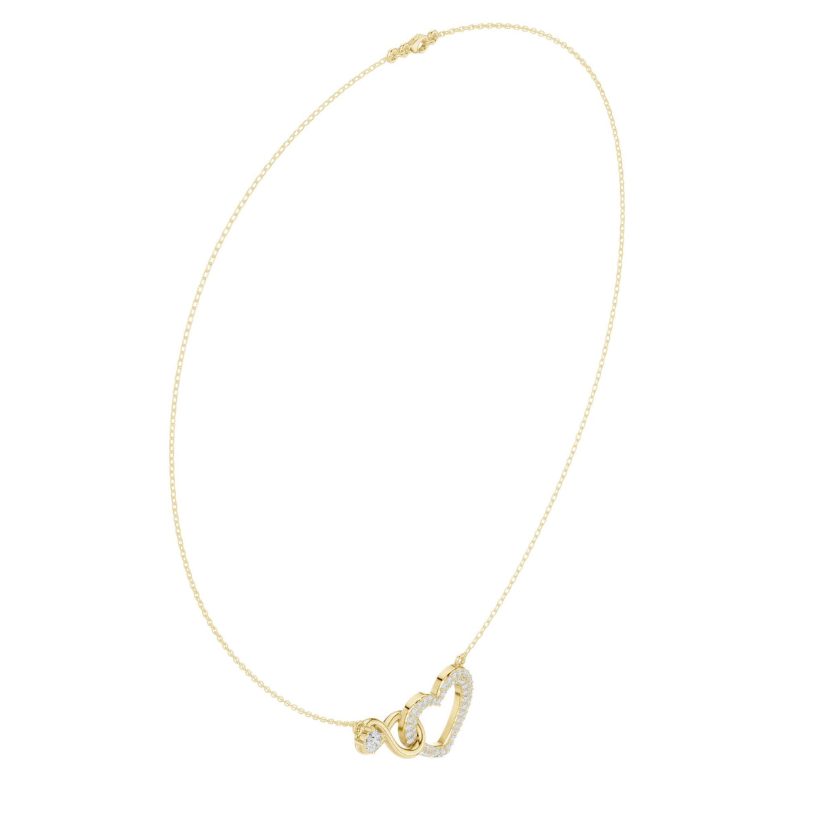 Yellow gold diamond heart love knot necklace on chain with heart drop charm