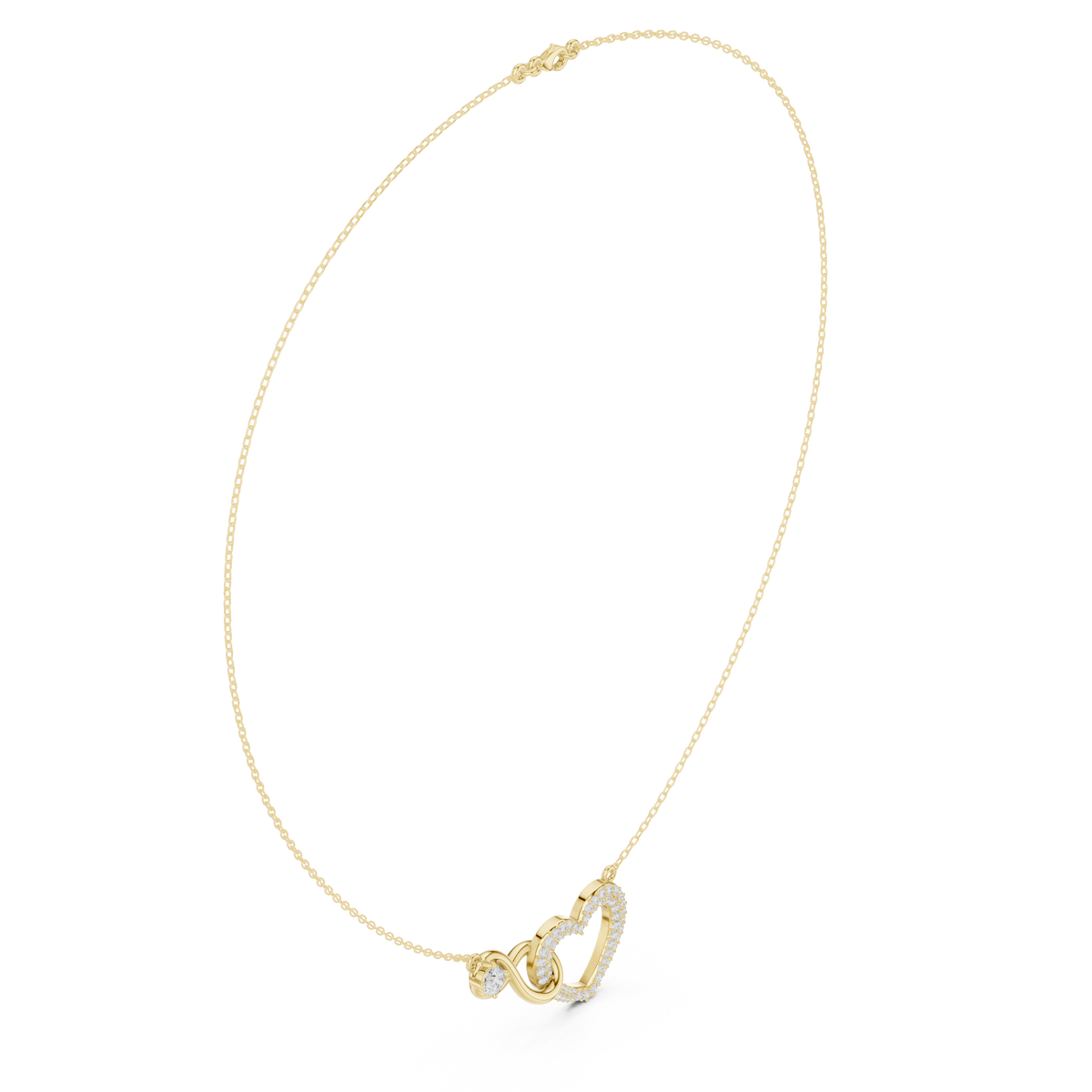 Yellow gold diamond heart love knot necklace on chain with heart drop charm