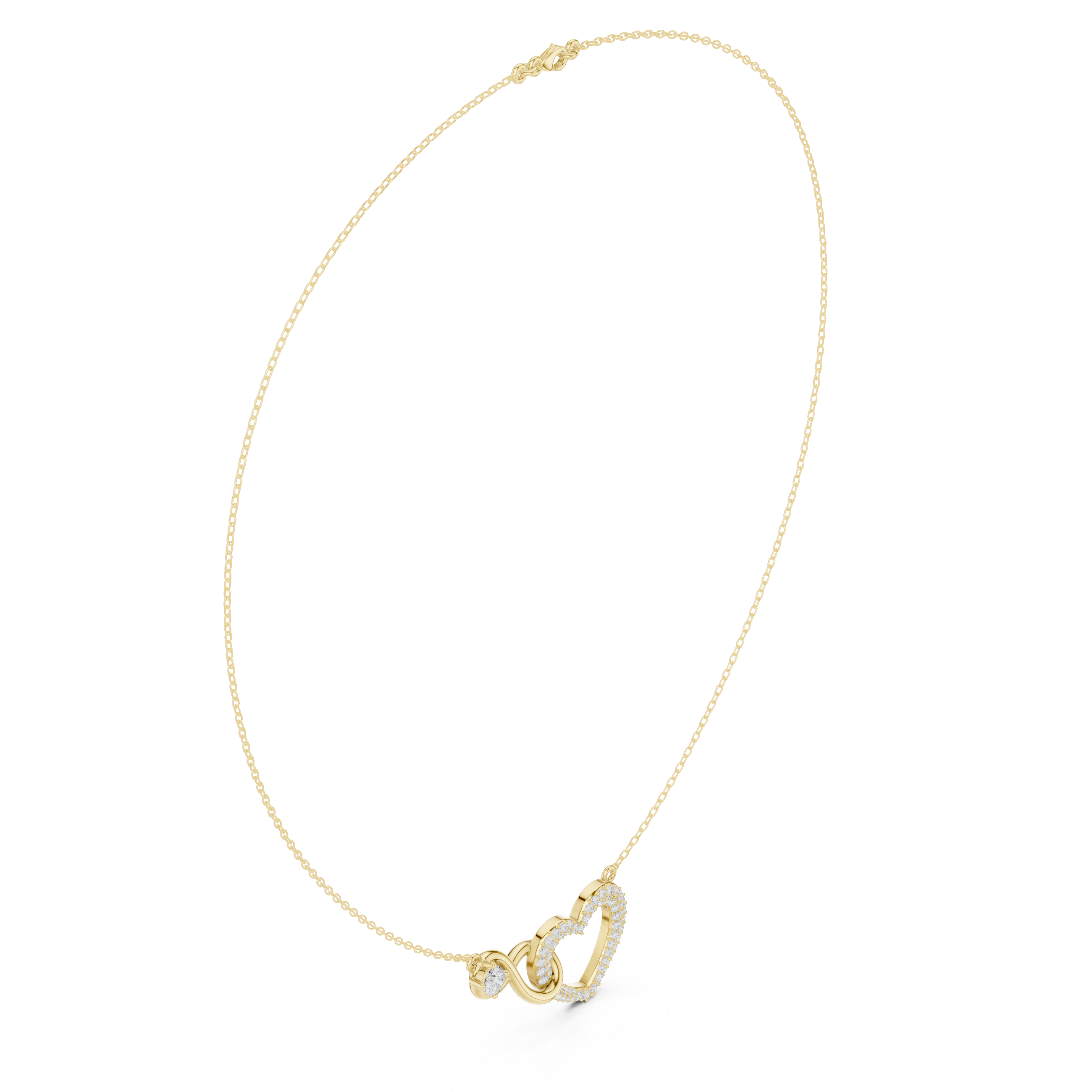 Yellow gold diamond heart love knot necklace on chain with heart drop charm