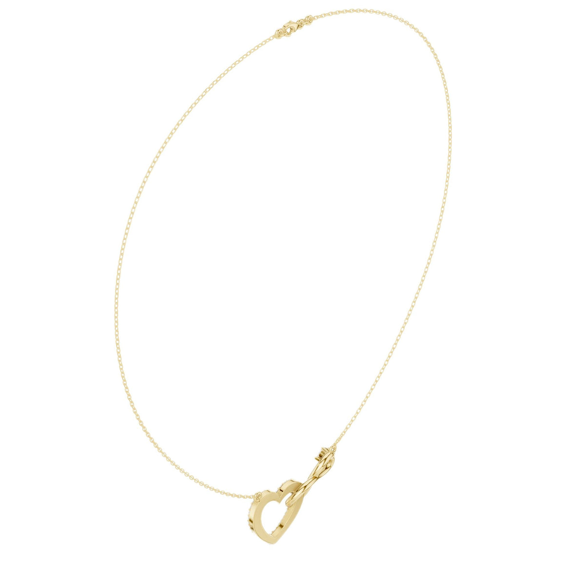 Yellow gold diamond heart love knot necklace detail with heart drop charm