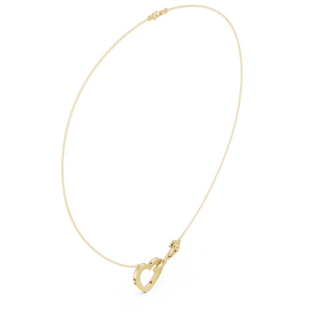 Yellow gold diamond heart love knot necklace detail with heart drop charm