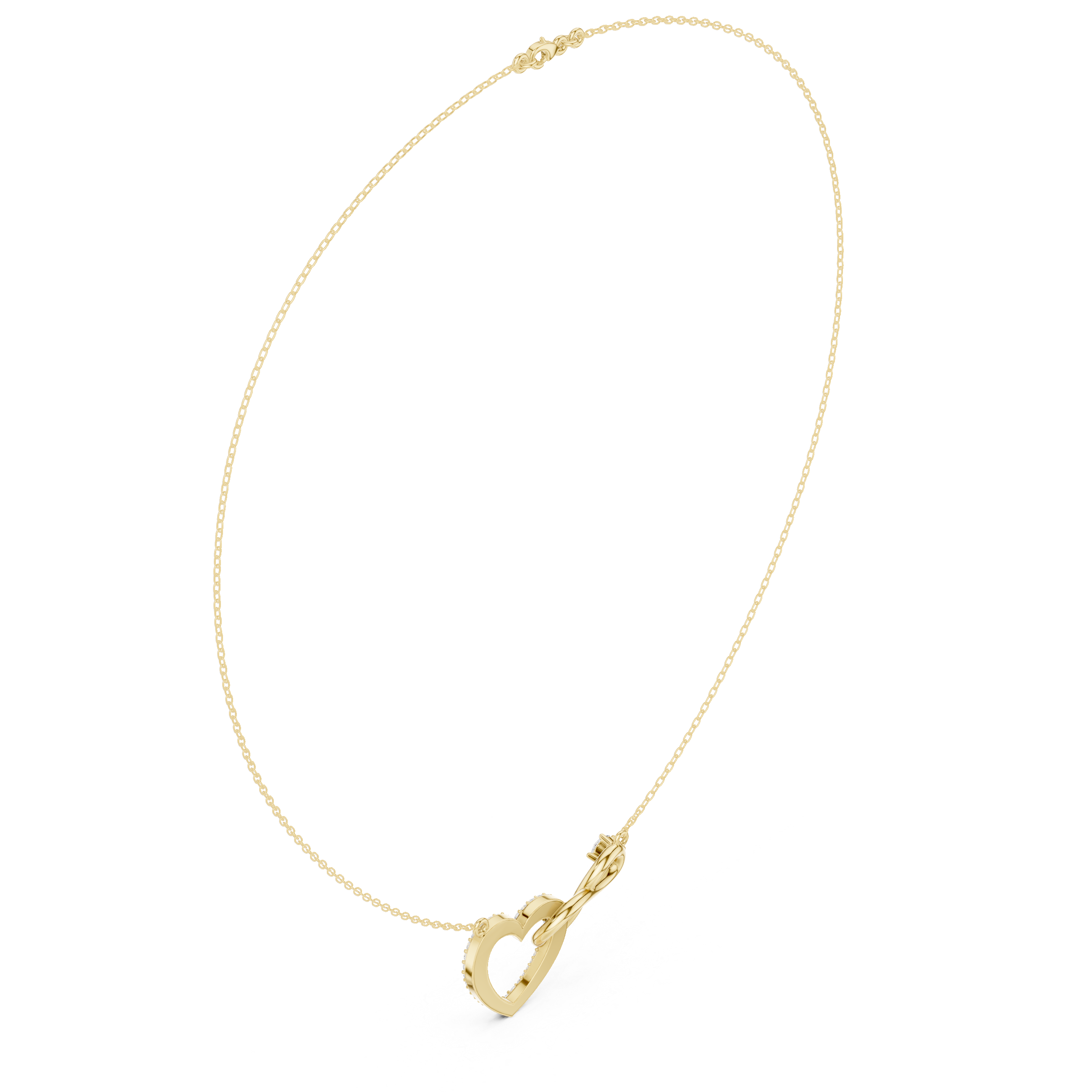Yellow gold diamond heart love knot necklace detail with heart drop charm