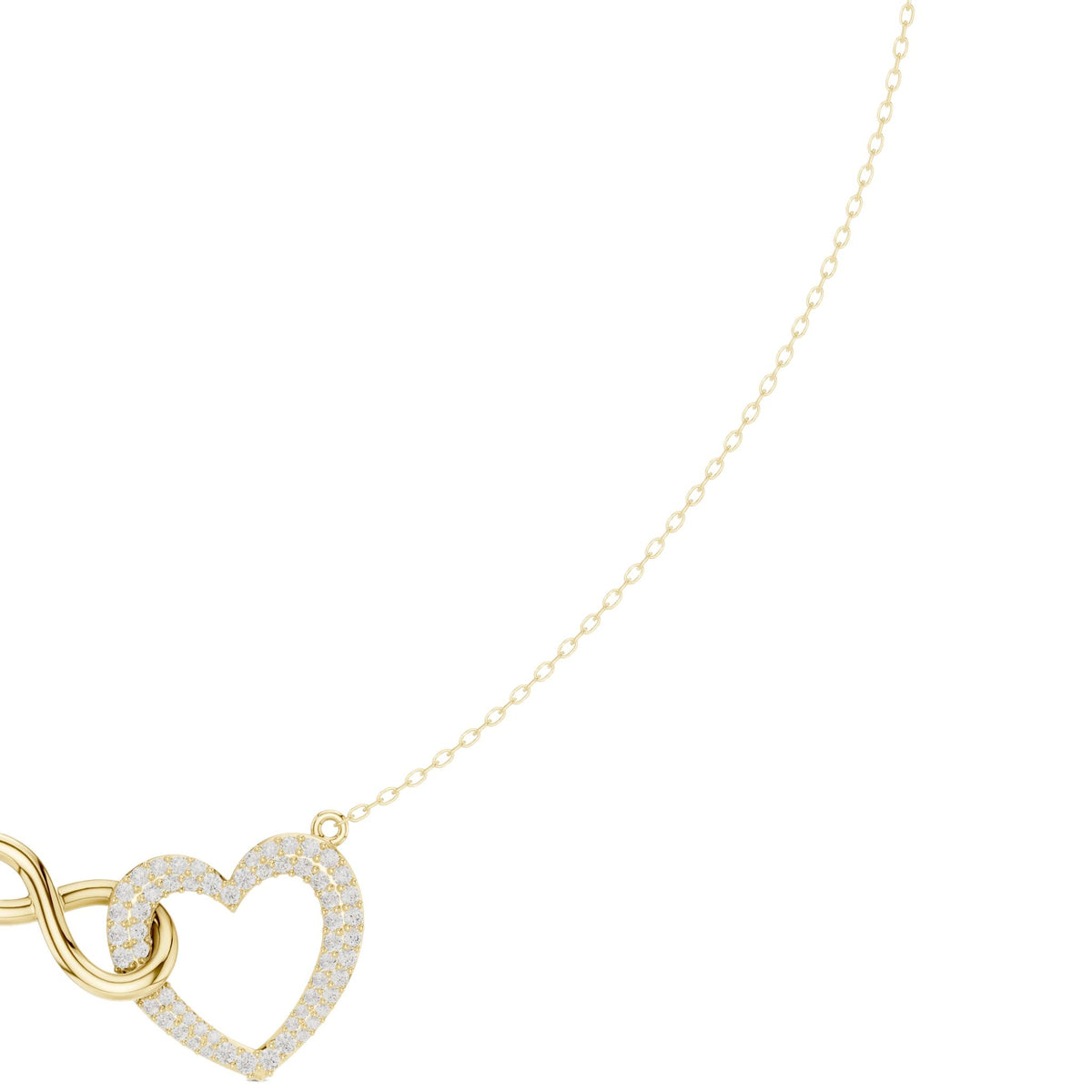 Yellow gold diamond heart love knot necklace detail with heart drop charm