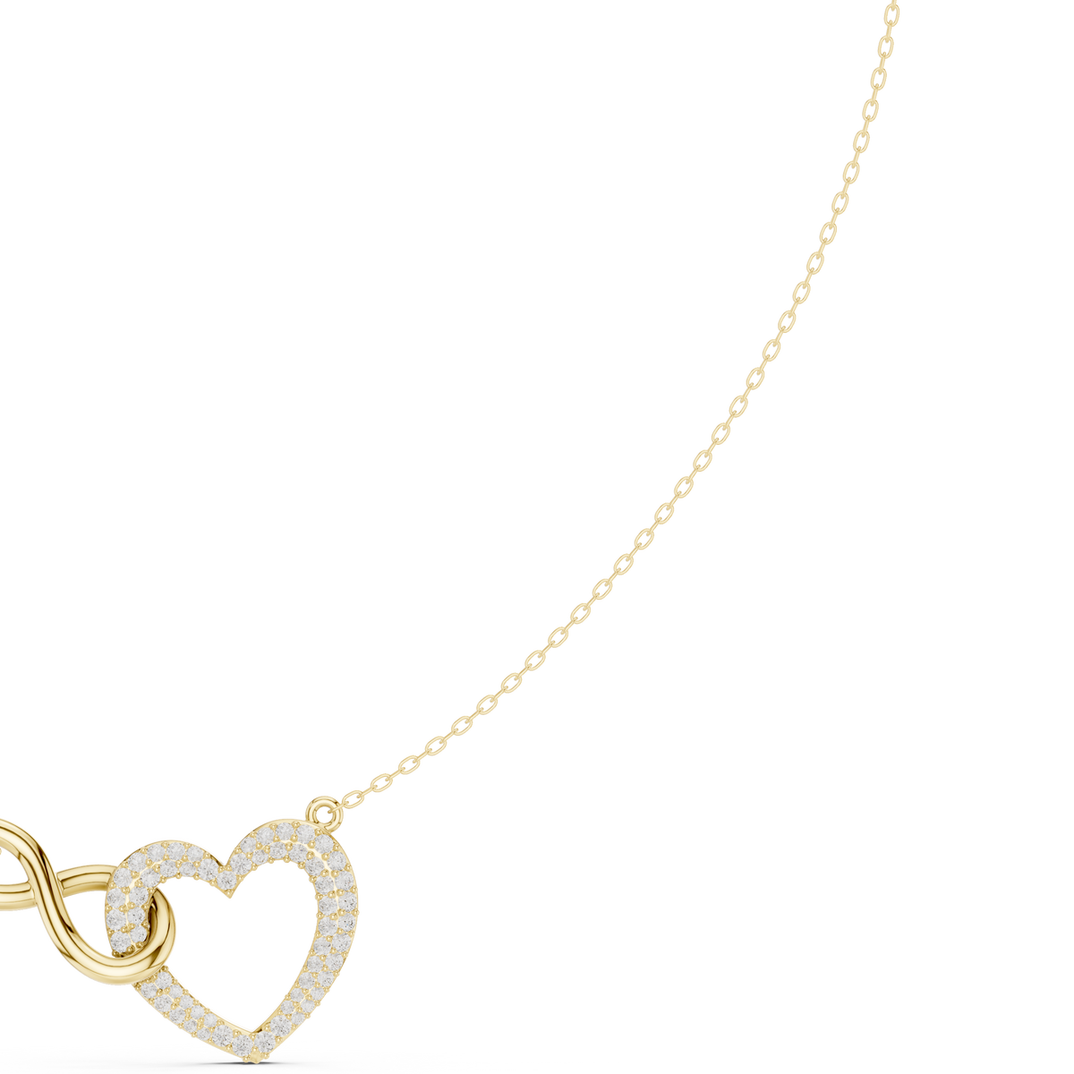 Yellow gold diamond heart love knot necklace detail with heart drop charm