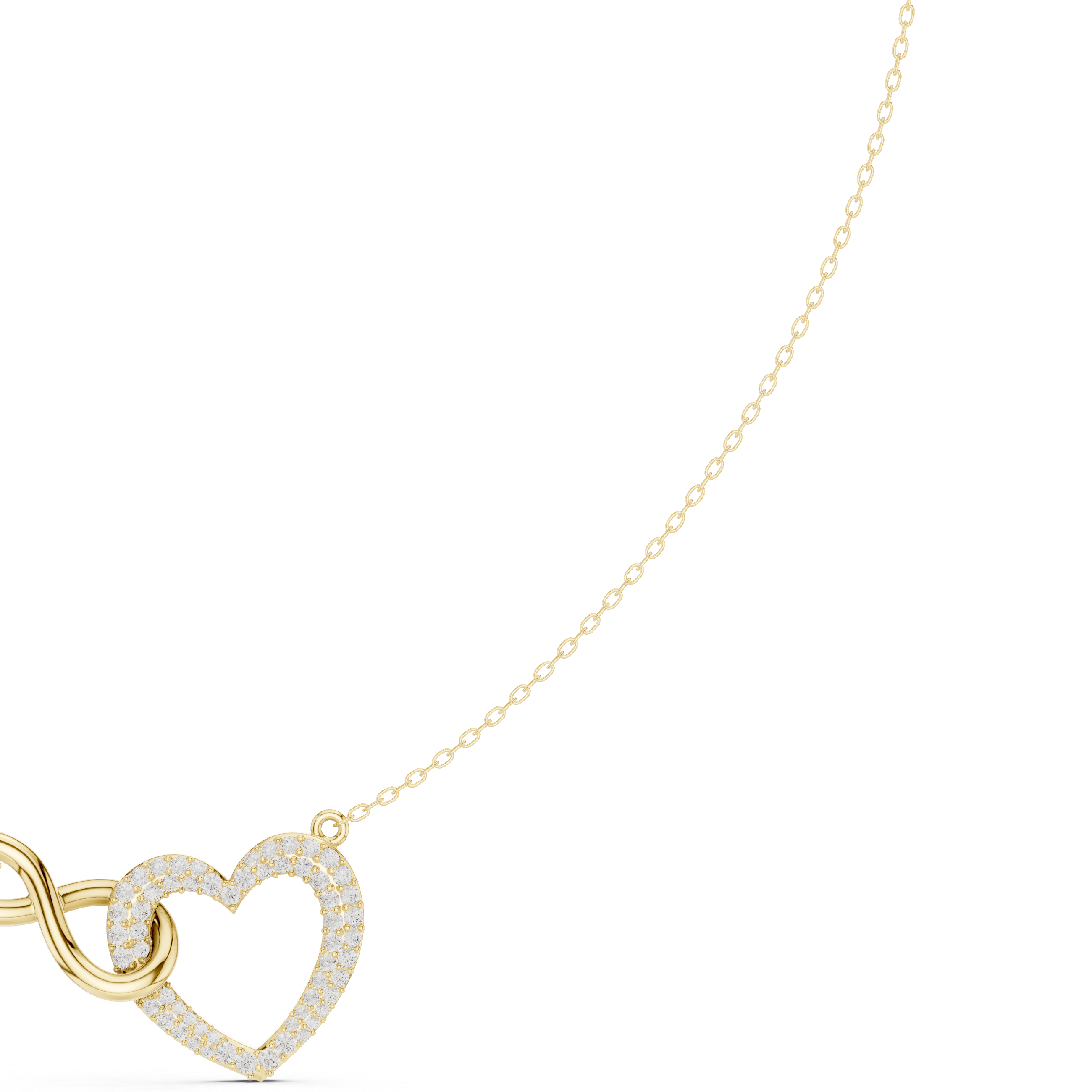 Yellow gold diamond heart love knot necklace detail with heart drop charm