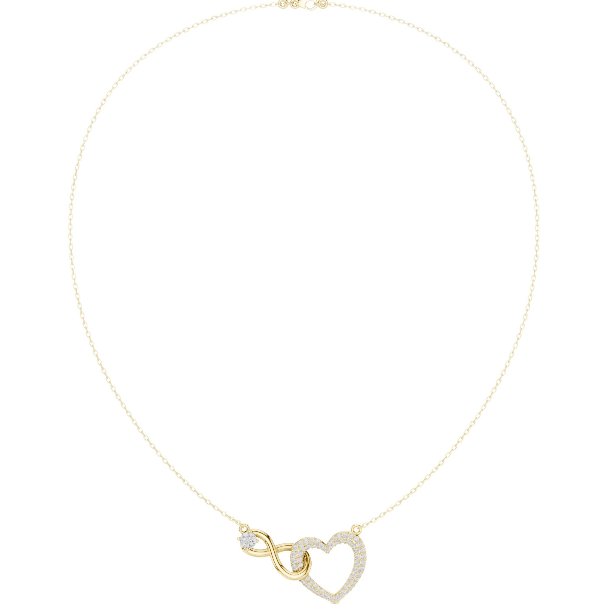 Yellow gold heart diamond necklace with love-knot pendant and round-cut stones