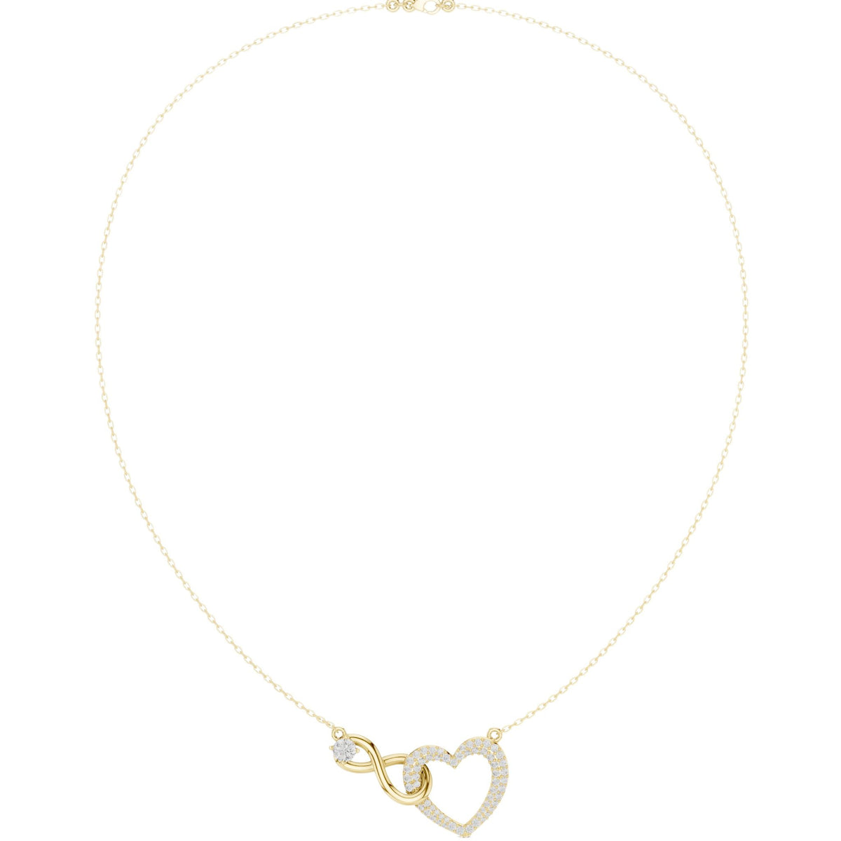 Yellow gold heart diamond necklace with love-knot pendant and round-cut stones