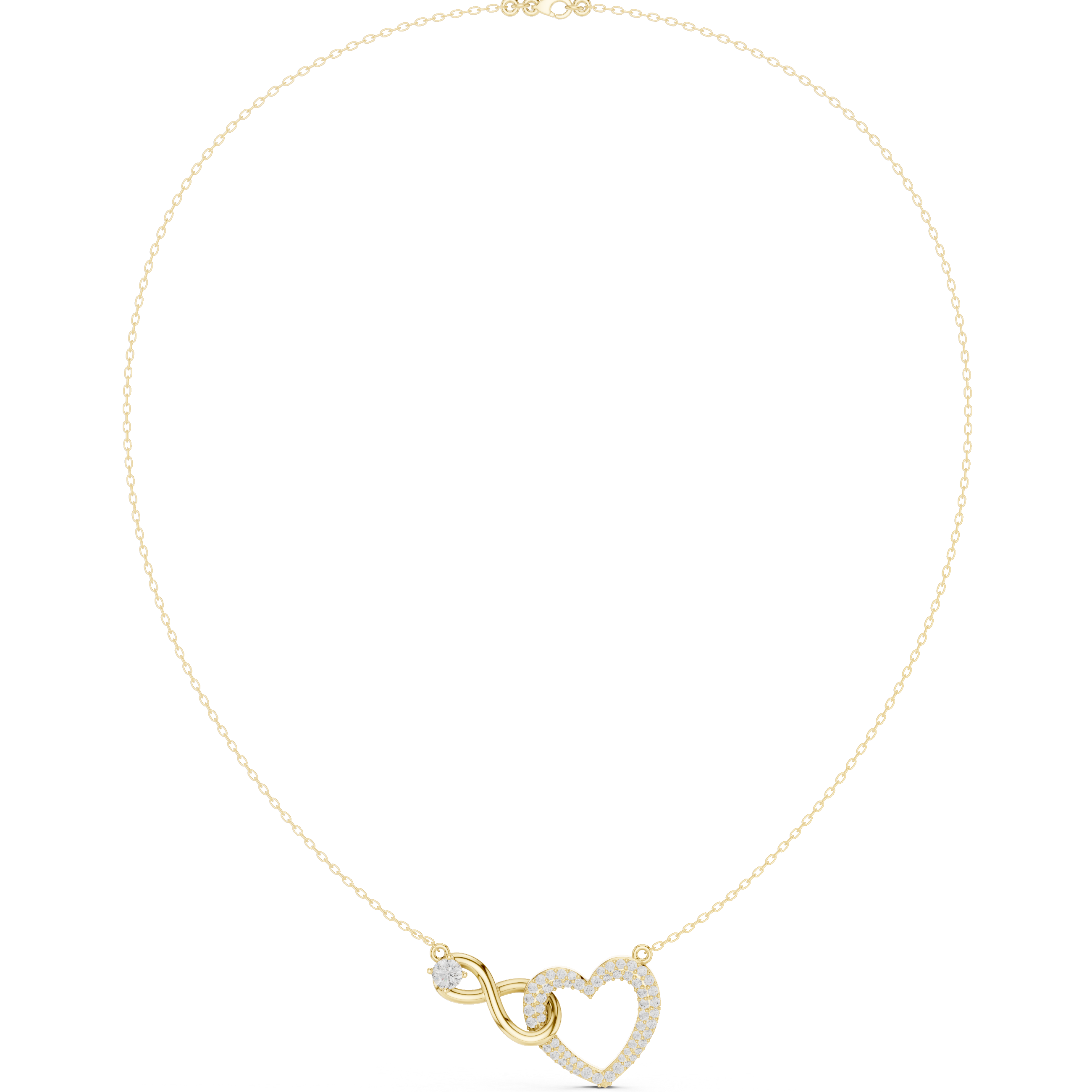 Yellow gold heart diamond necklace with love-knot pendant and round-cut stones