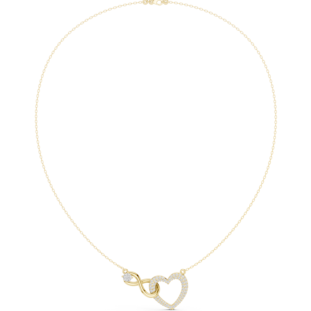Yellow gold heart diamond necklace with love-knot pendant and round-cut stones