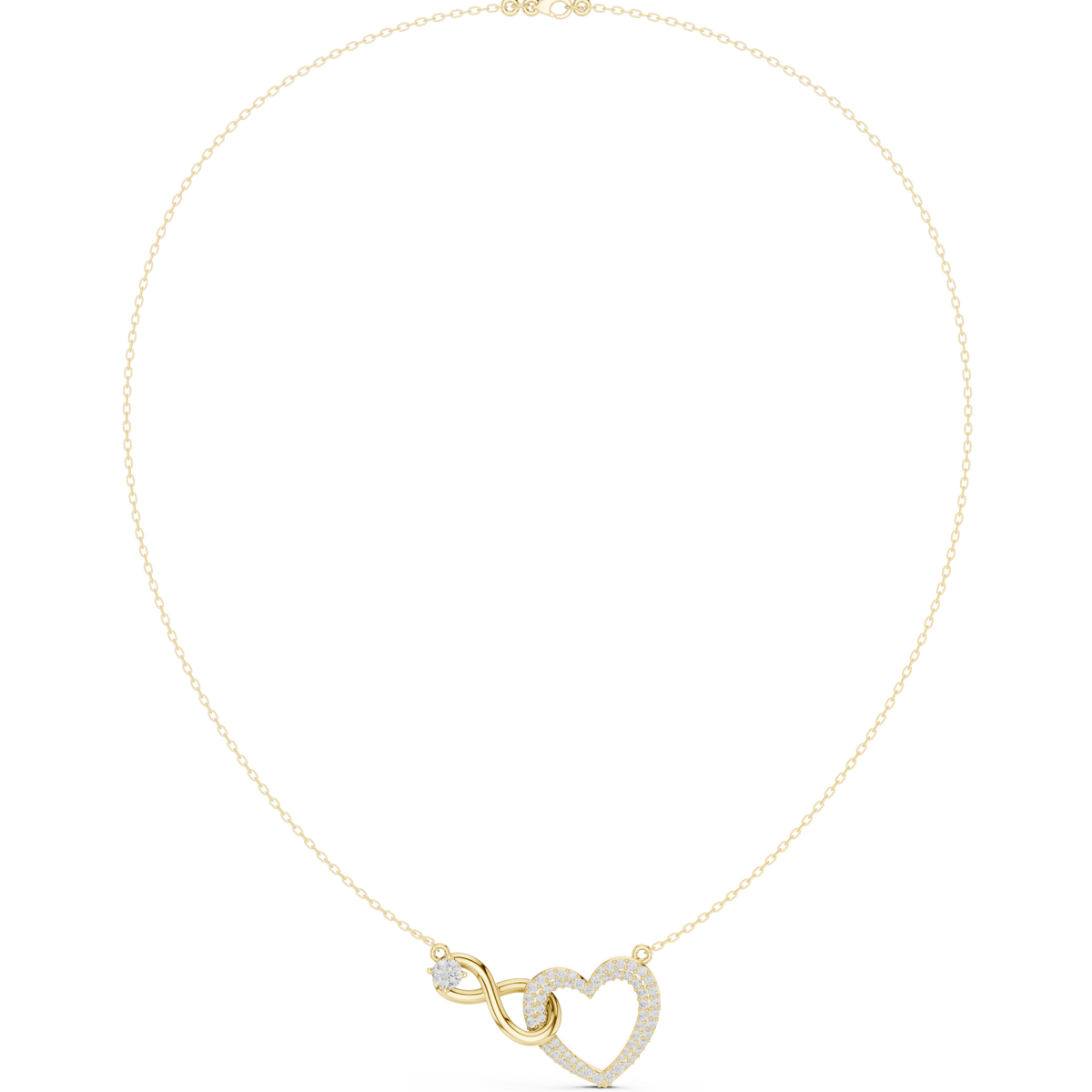 Yellow gold heart diamond necklace with love-knot pendant and round-cut stones