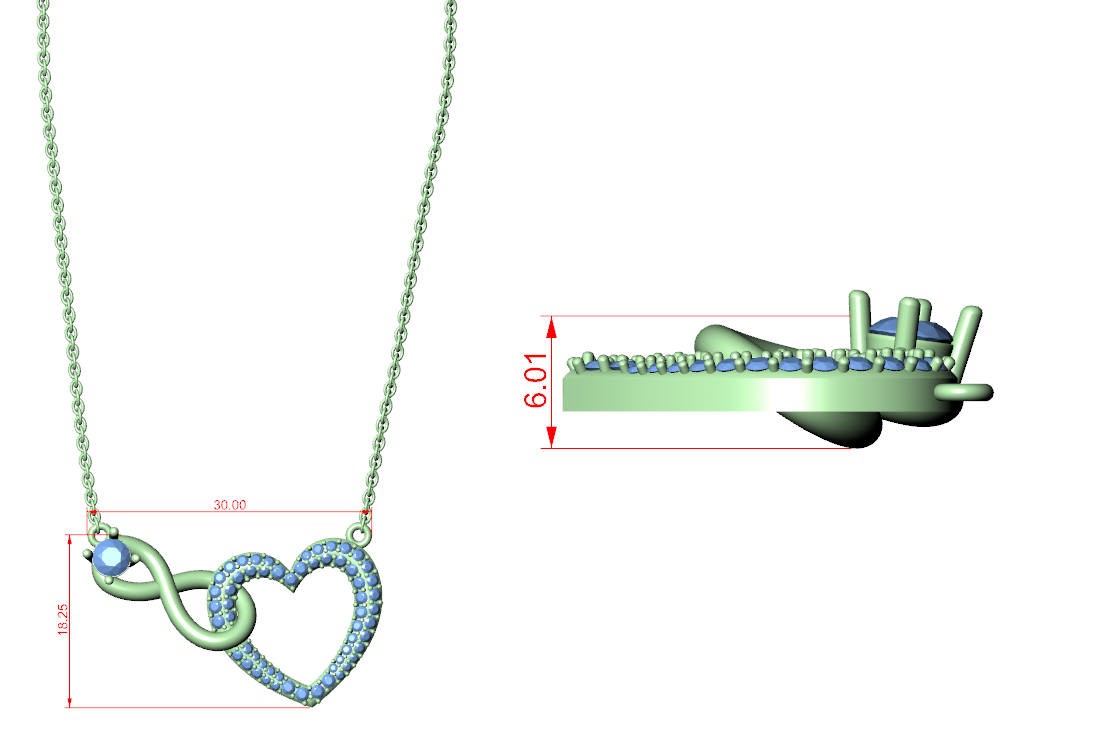 Necklace diagram with heart pendant and measurement callouts