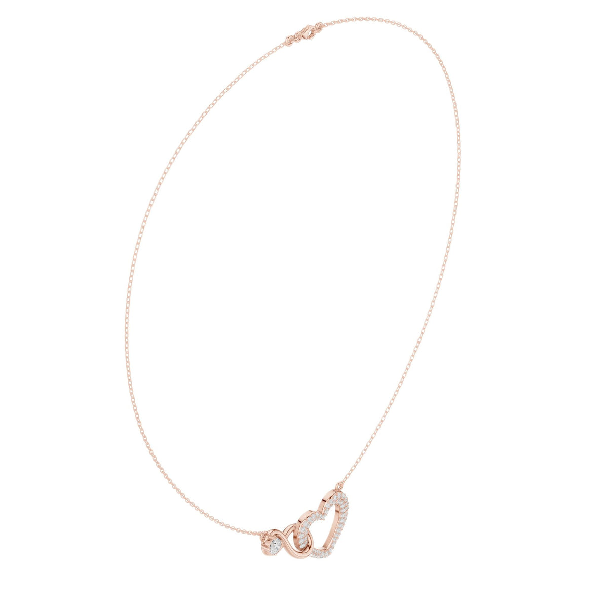 Rose gold diamond heart love knot necklace on chain with heart drop charm