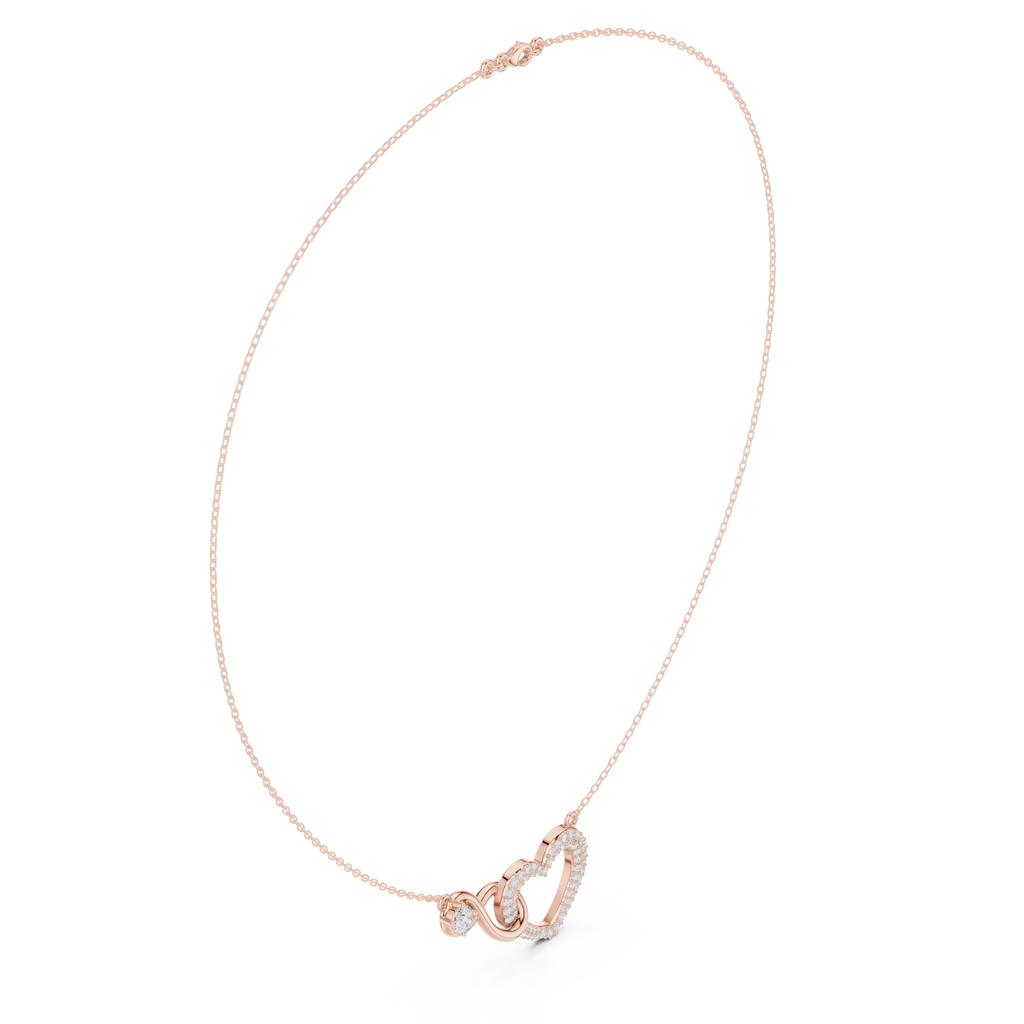 Rose gold diamond heart love knot necklace on chain with heart drop charm