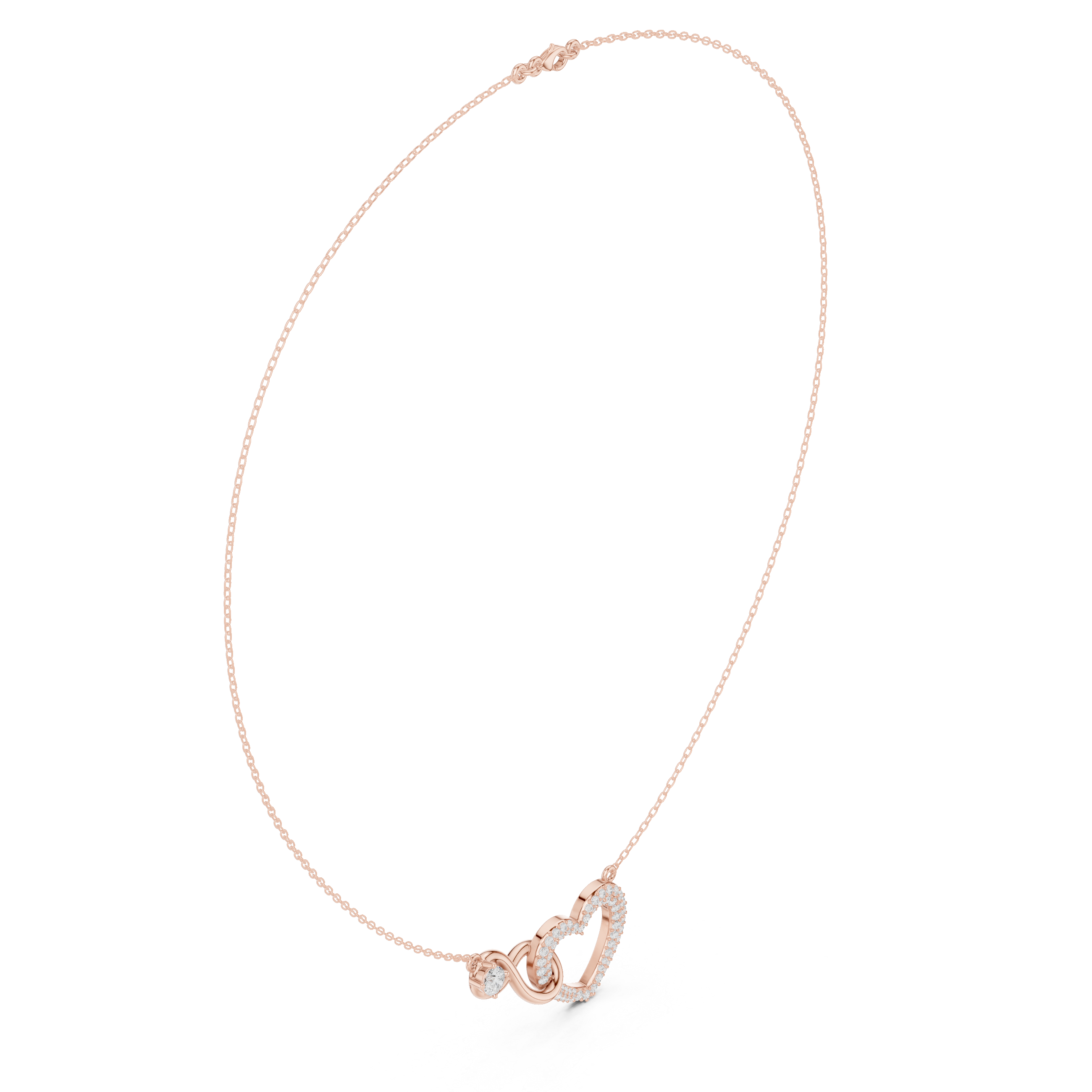 Rose gold diamond heart love knot necklace on chain with heart drop charm