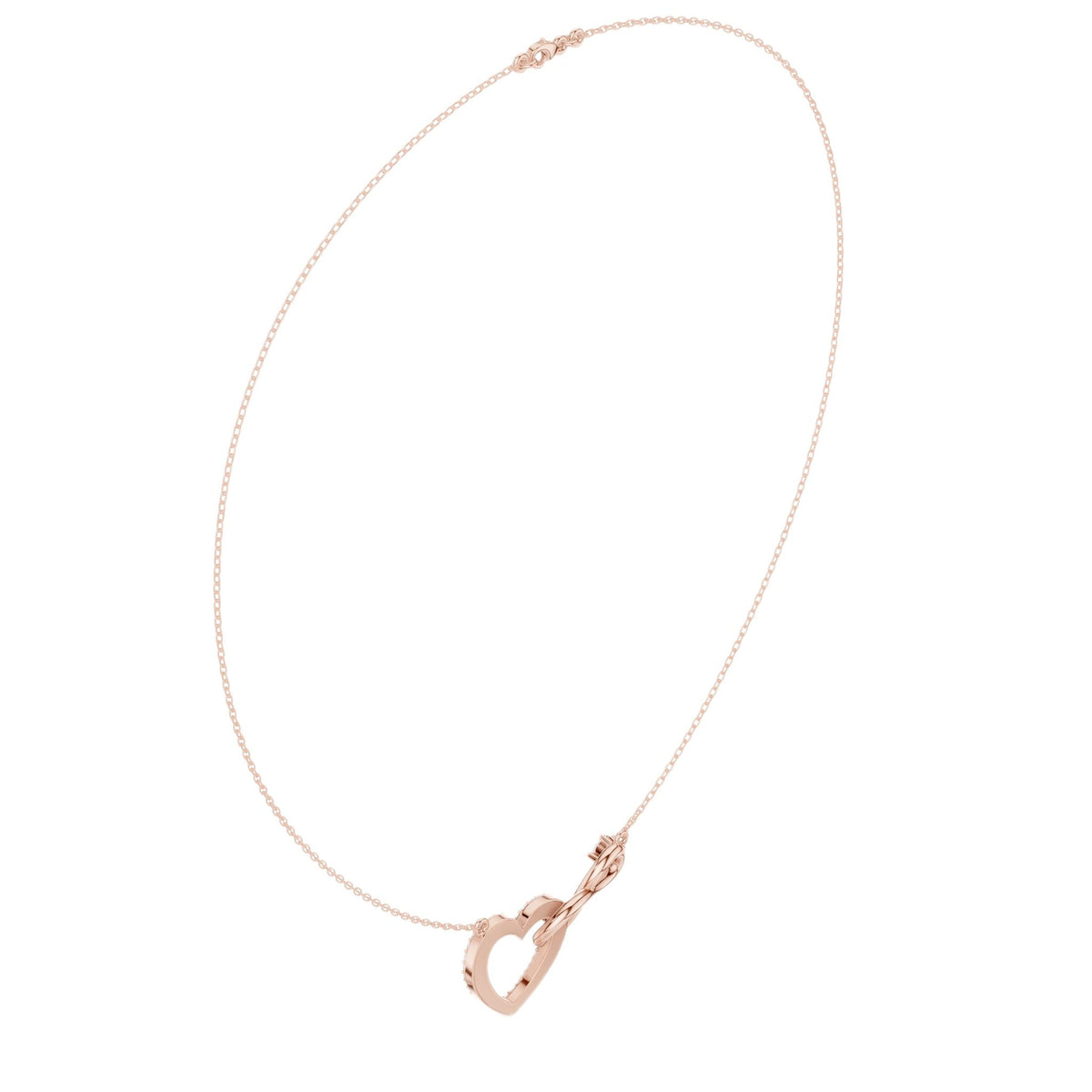 Rose gold diamond heart love knot necklace detail with heart drop charm