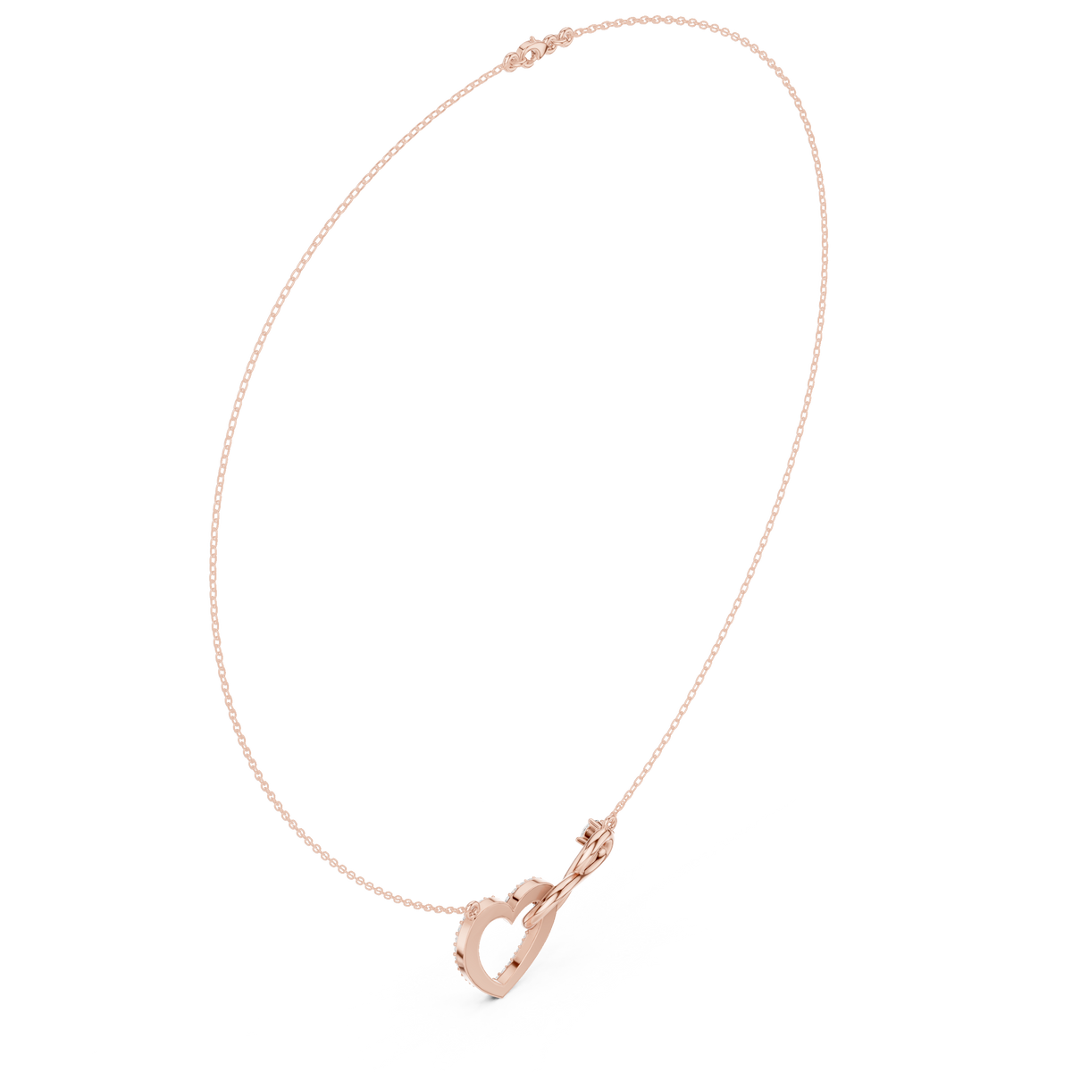 Rose gold diamond heart love knot necklace detail with heart drop charm