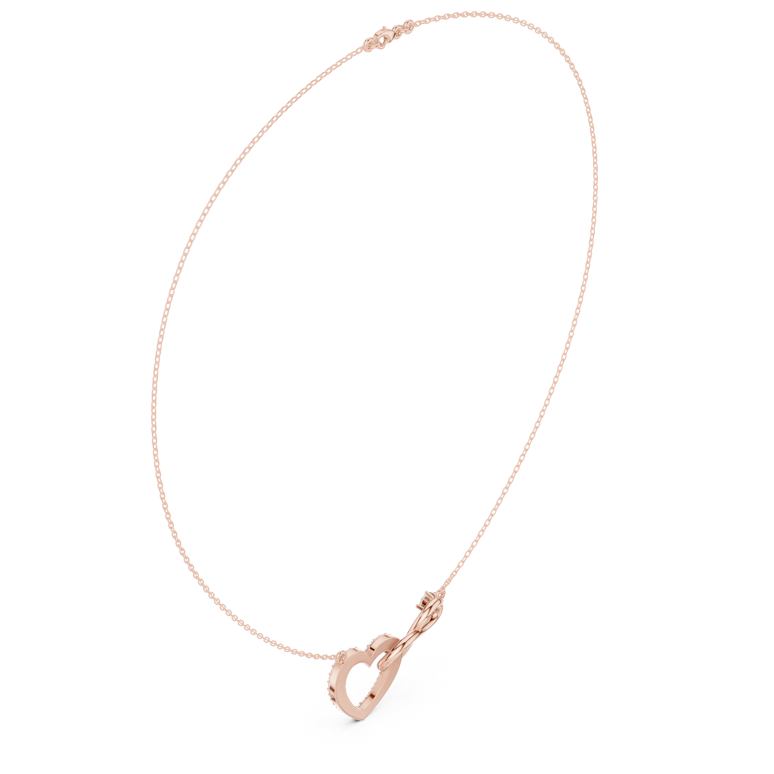 Rose gold diamond heart love knot necklace detail with heart drop charm