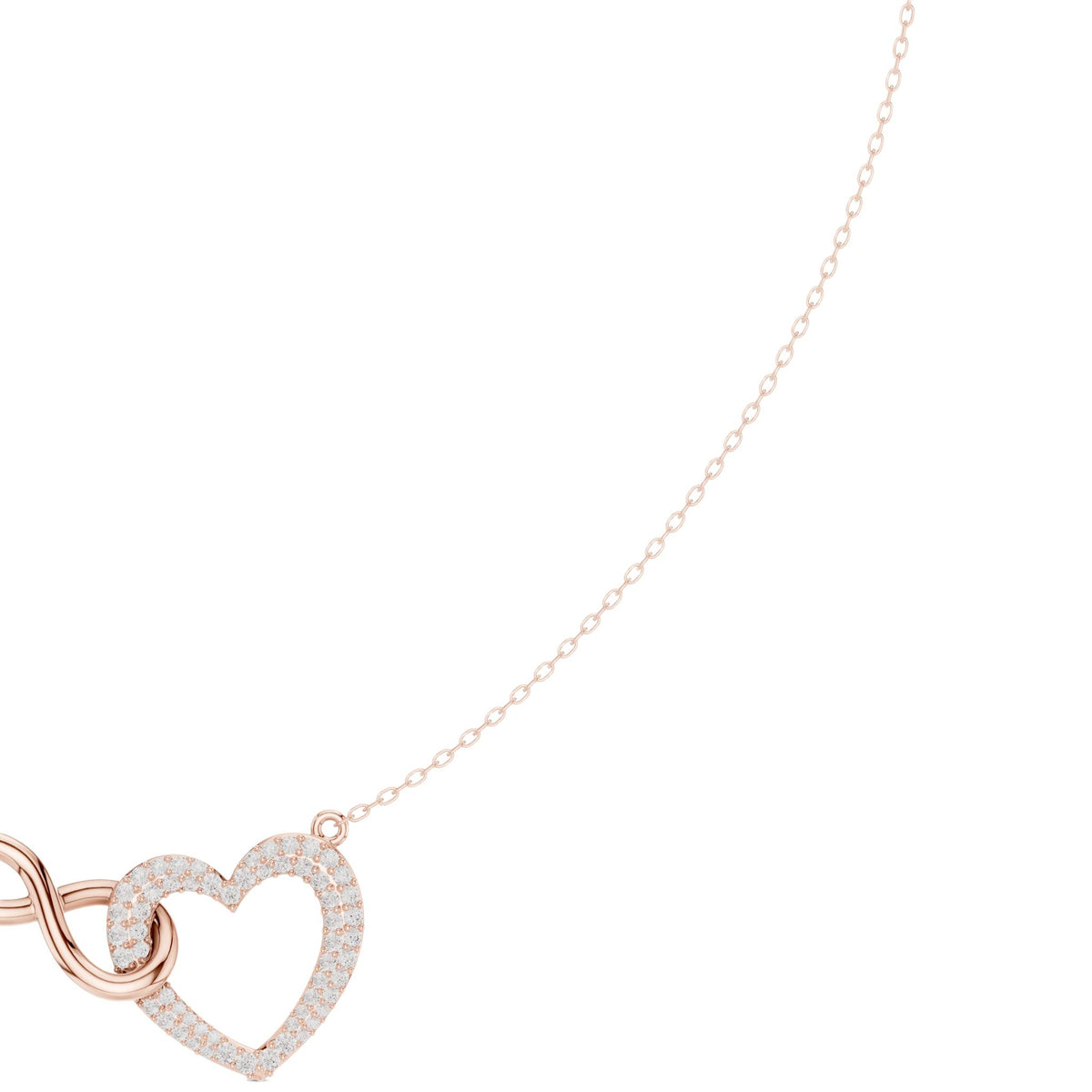 Rose gold diamond heart love knot necklace detail with heart drop charm