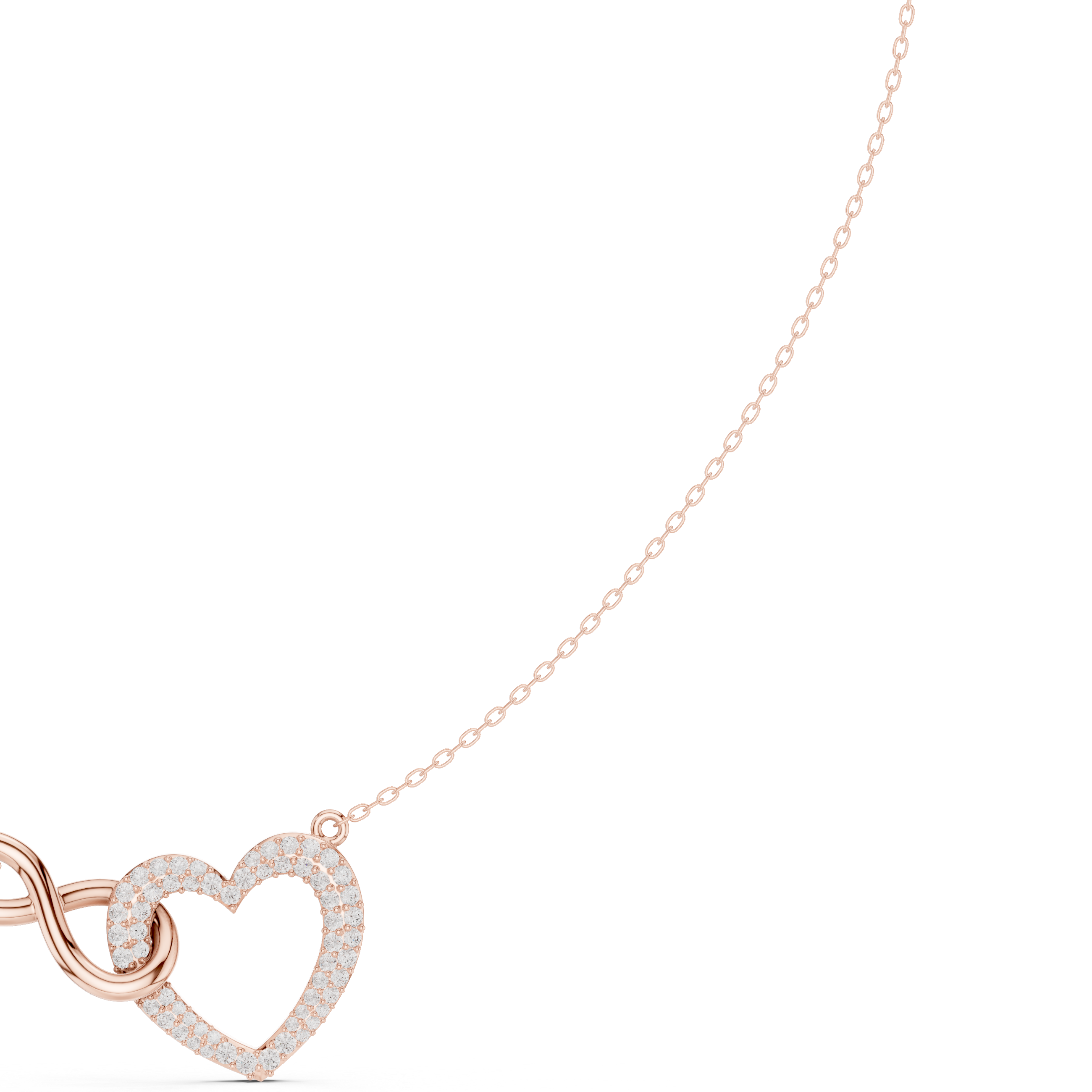 Rose gold diamond heart love knot necklace detail with heart drop charm