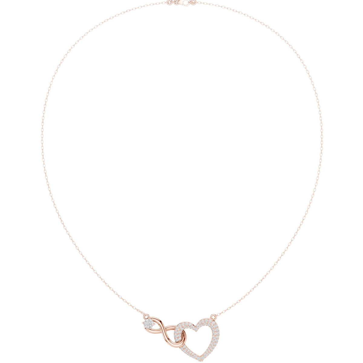 Rose gold diamond heart necklace with open heart love-knot pendant on chain