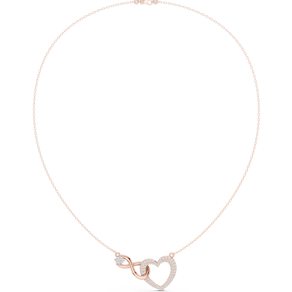 Rose gold heart diamond necklace with love-knot pendant and round-cut stones