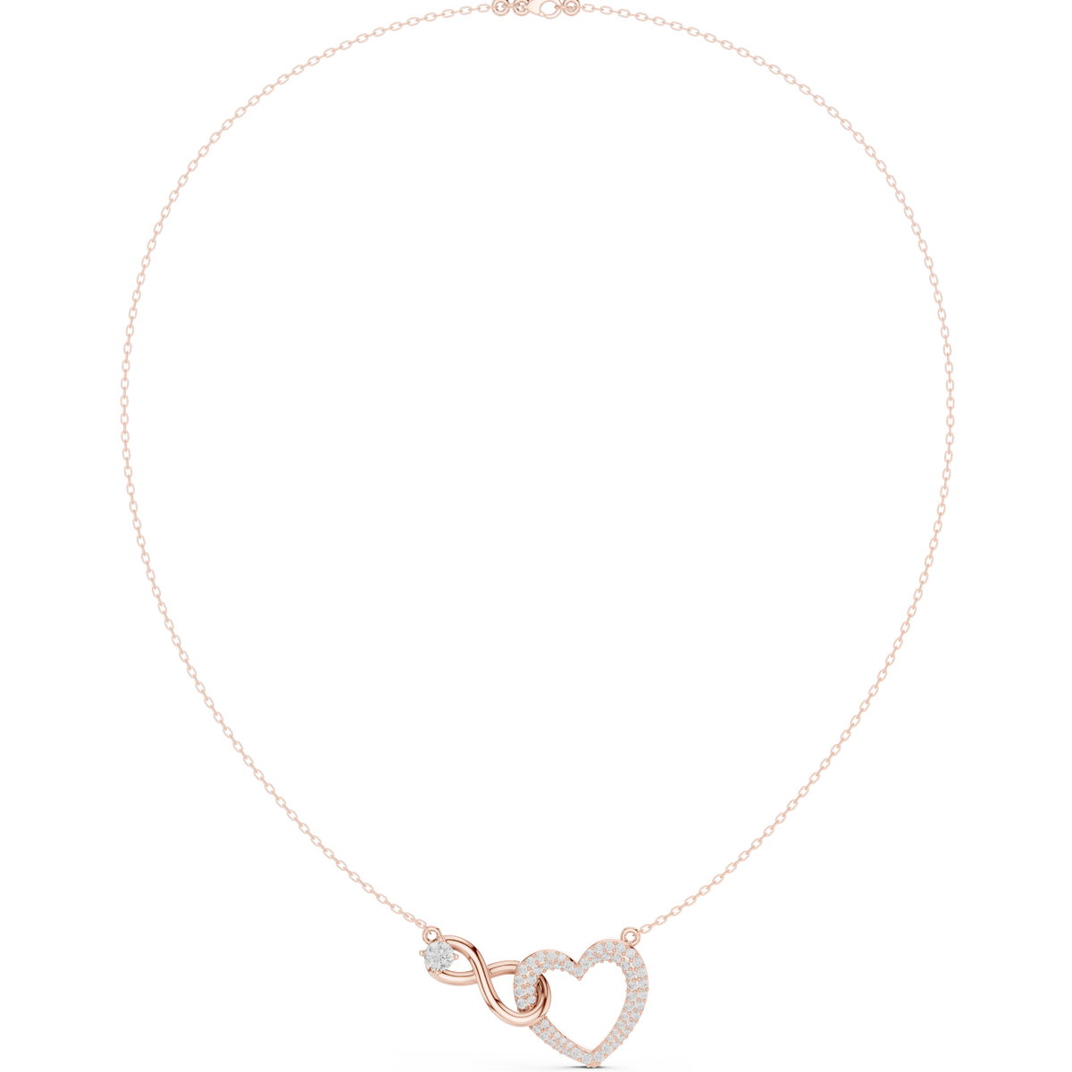 Rose gold diamond heart necklace with open heart love-knot pendant on chain