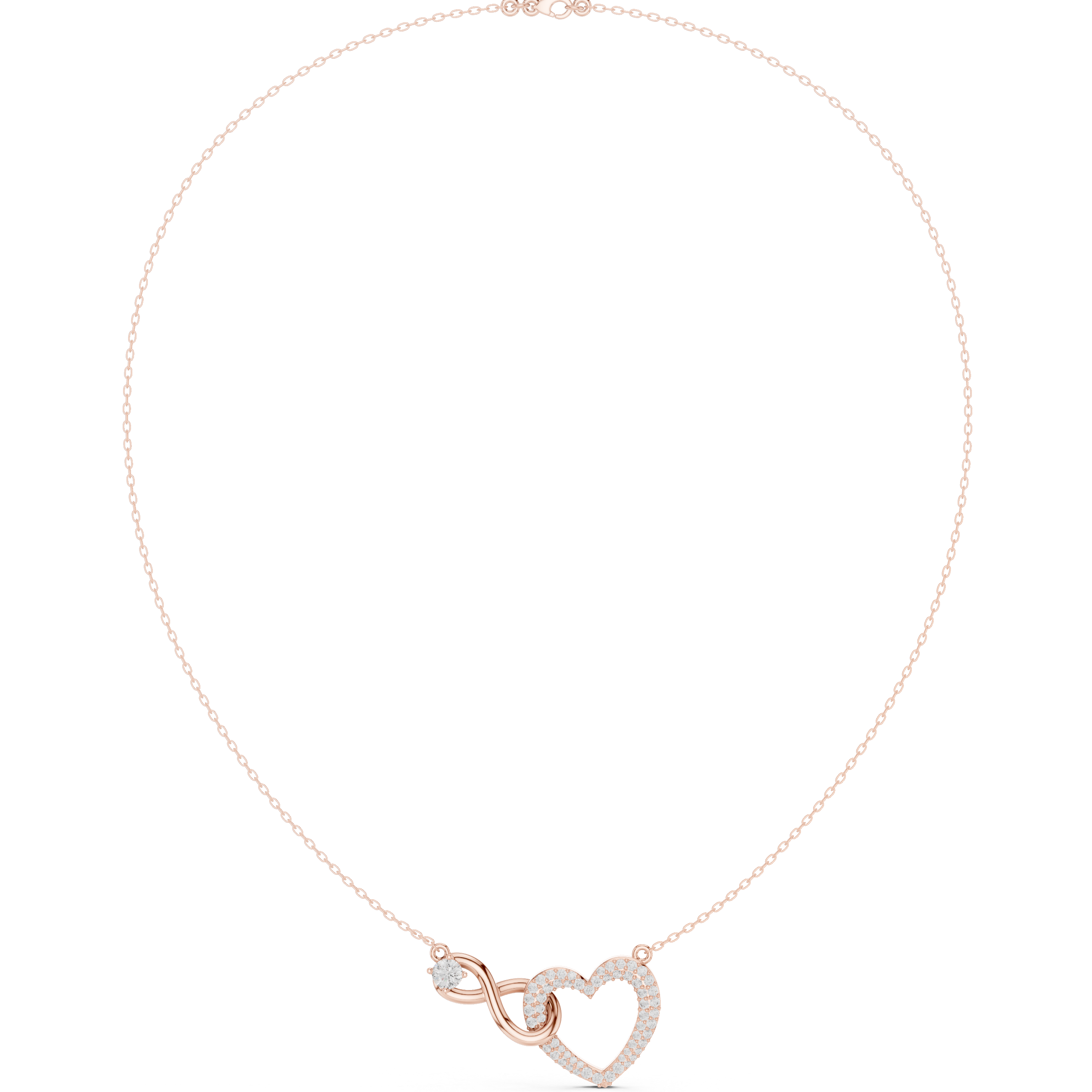 Rose gold heart diamond necklace with love-knot pendant and round-cut stones
