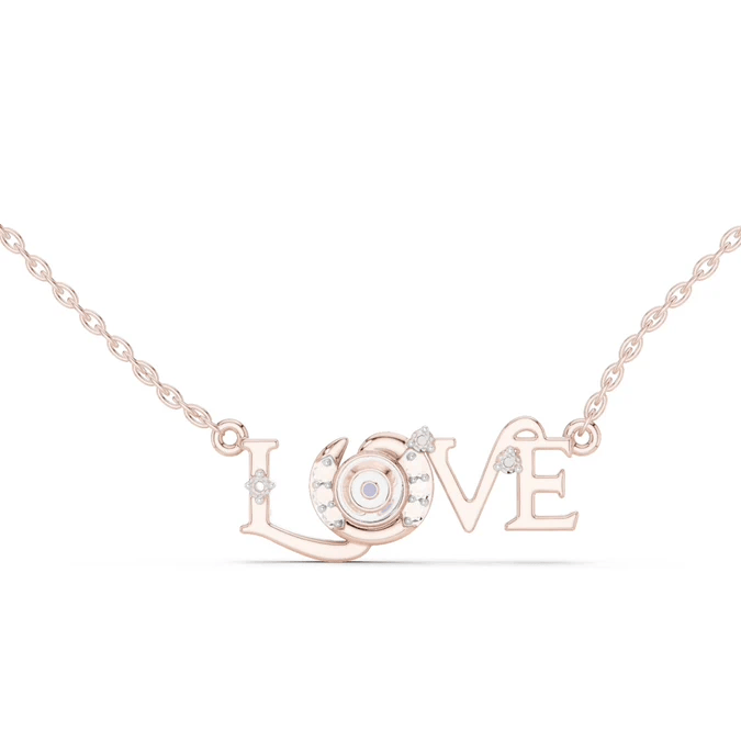 Rose gold script diamond accent pendant necklace with round stones, linked chain.