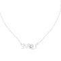 White gold script LOVE necklace with round center stone and diamond accents, front view