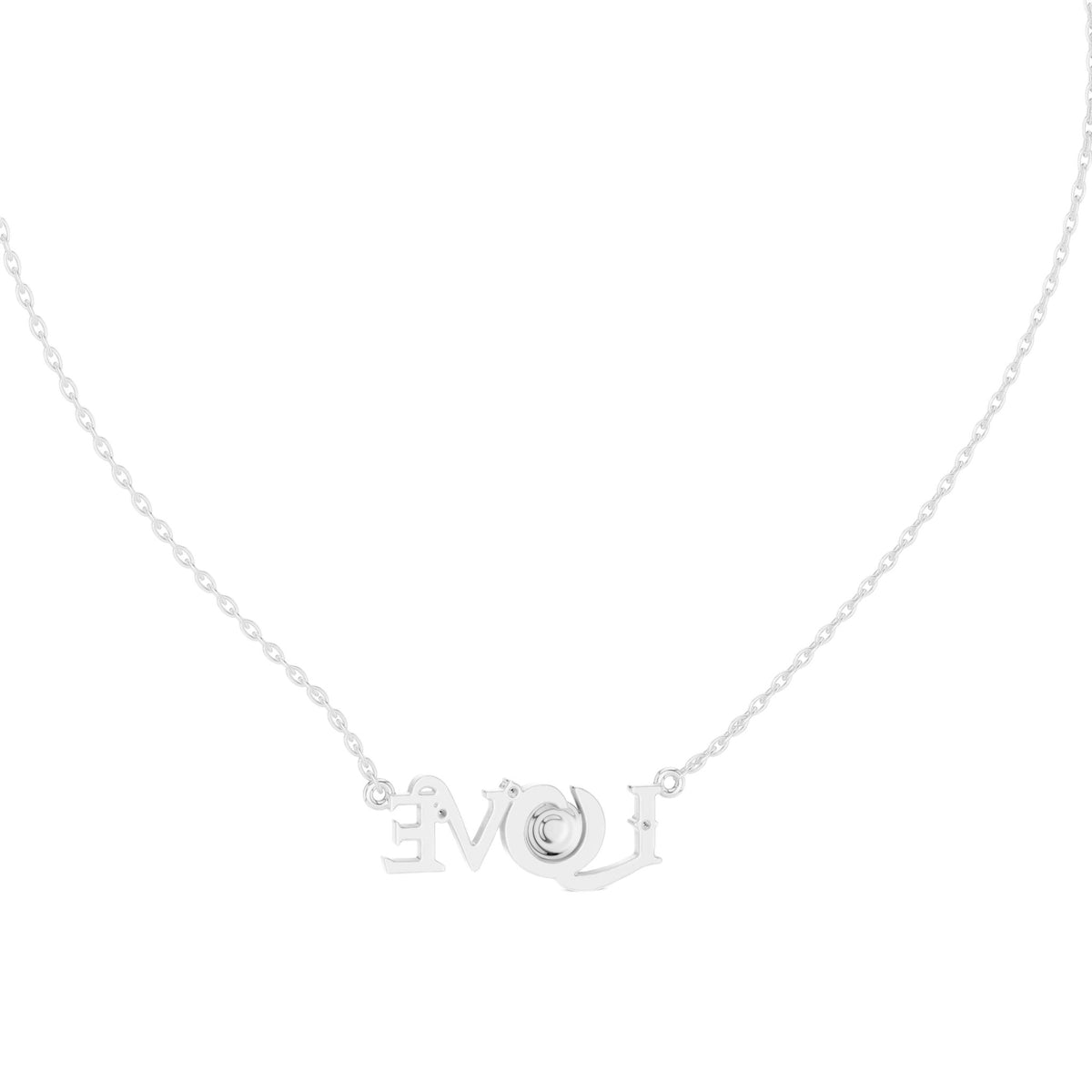 White gold script LOVE necklace with round center stone and diamond accents, front view