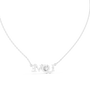 White gold script LOVE necklace with round center stone and diamond accents, front view