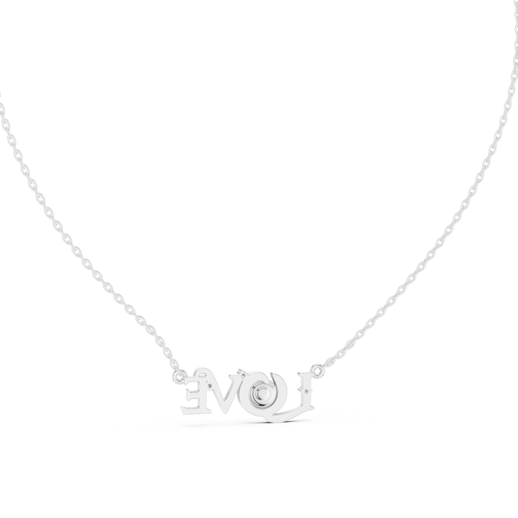 White gold script LOVE necklace with round center stone and diamond accents, front view
