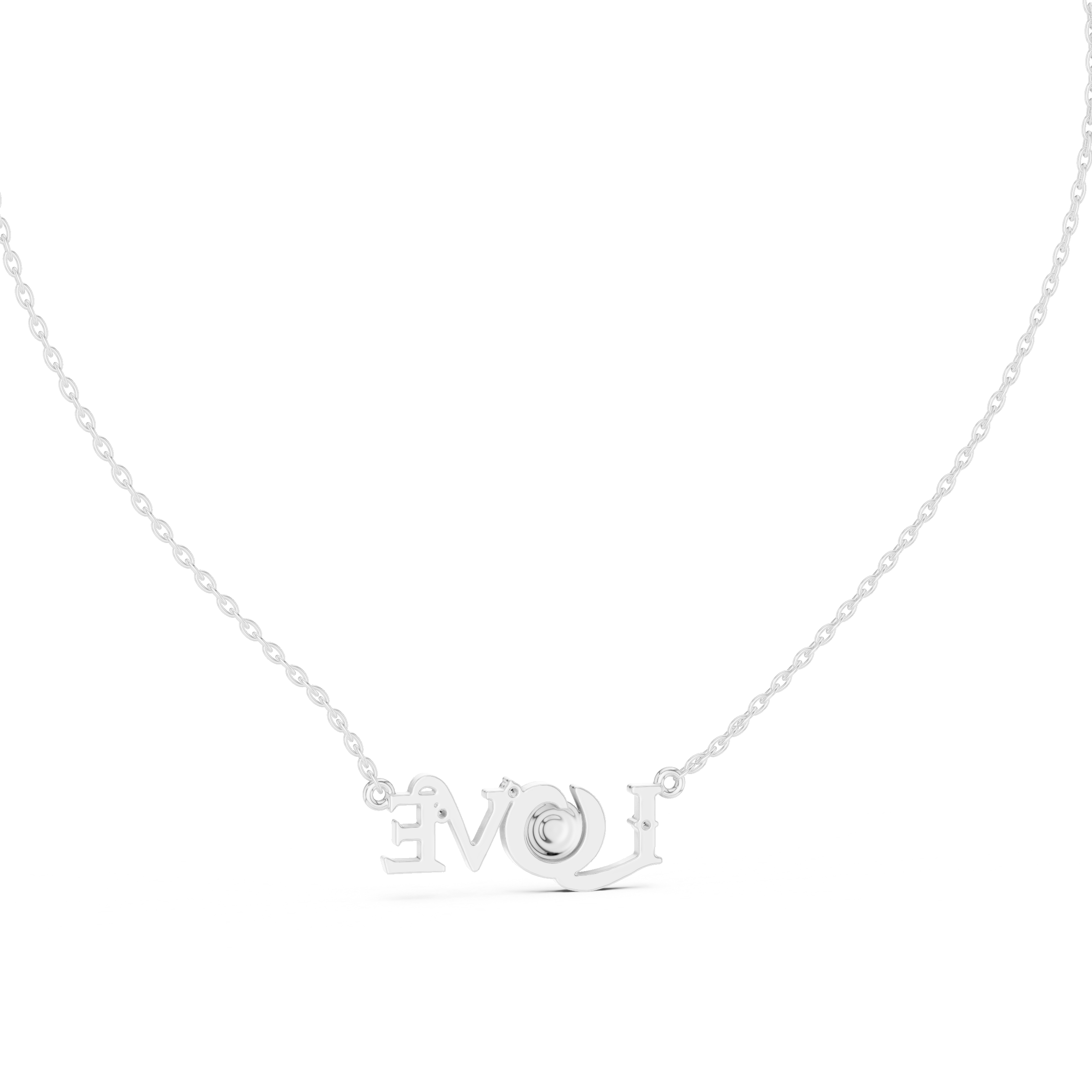 White gold script LOVE necklace with round center stone and diamond accents, front view