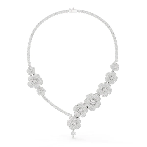 Diamond floral drop necklace with round clustered stones, white metal tone