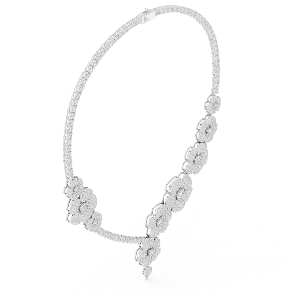 White diamond floral drop necklace with clustered round pavé flower motifs