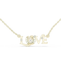 Yellow gold script diamond accent pendant necklace with round stones and linked chain.