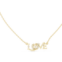 Yellow gold script LOVE necklace with round center stone and diamond accents