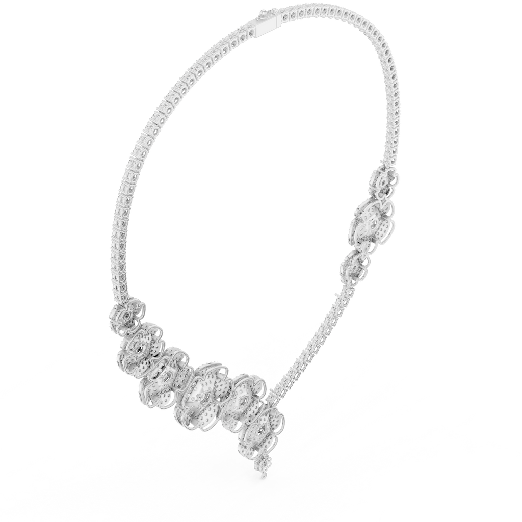 Diamond drop necklace with clustered round stones, white-toned metal, side view