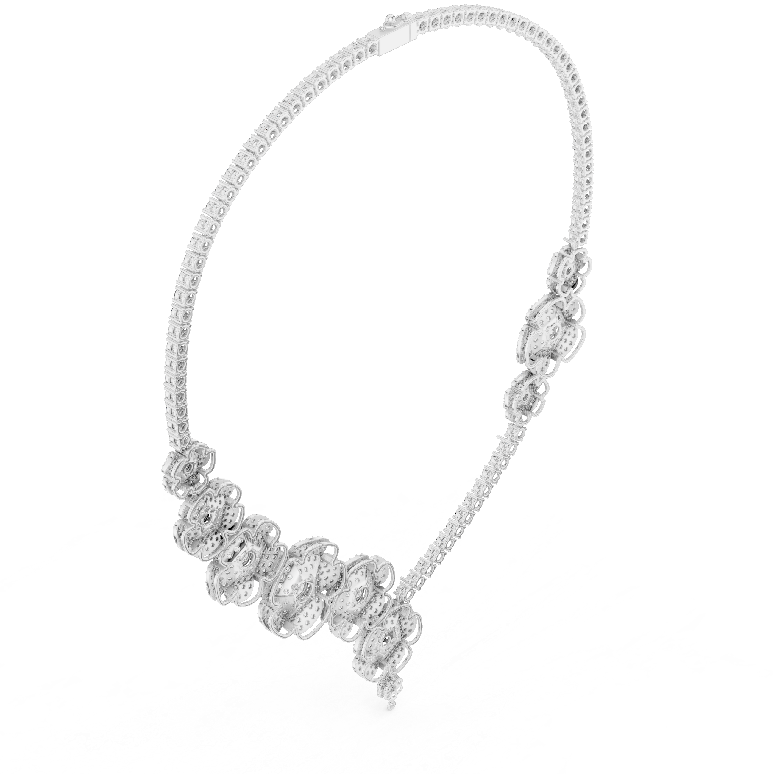 Diamond drop necklace with clustered round stones, white-toned metal, side view