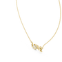 Yellow gold script LOVE pendant with round center stone, angled view