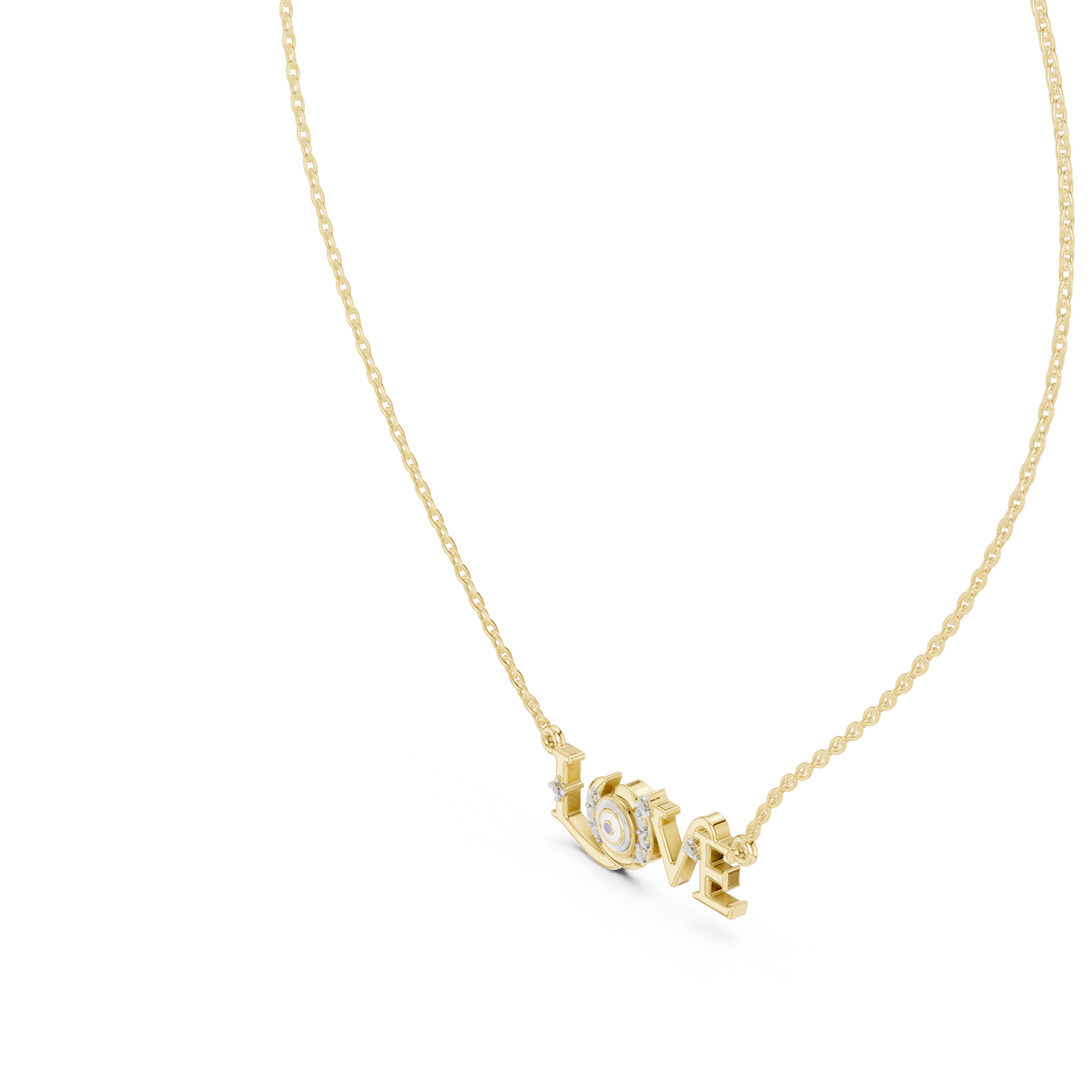 Yellow gold script LOVE pendant with round center stone, angled view