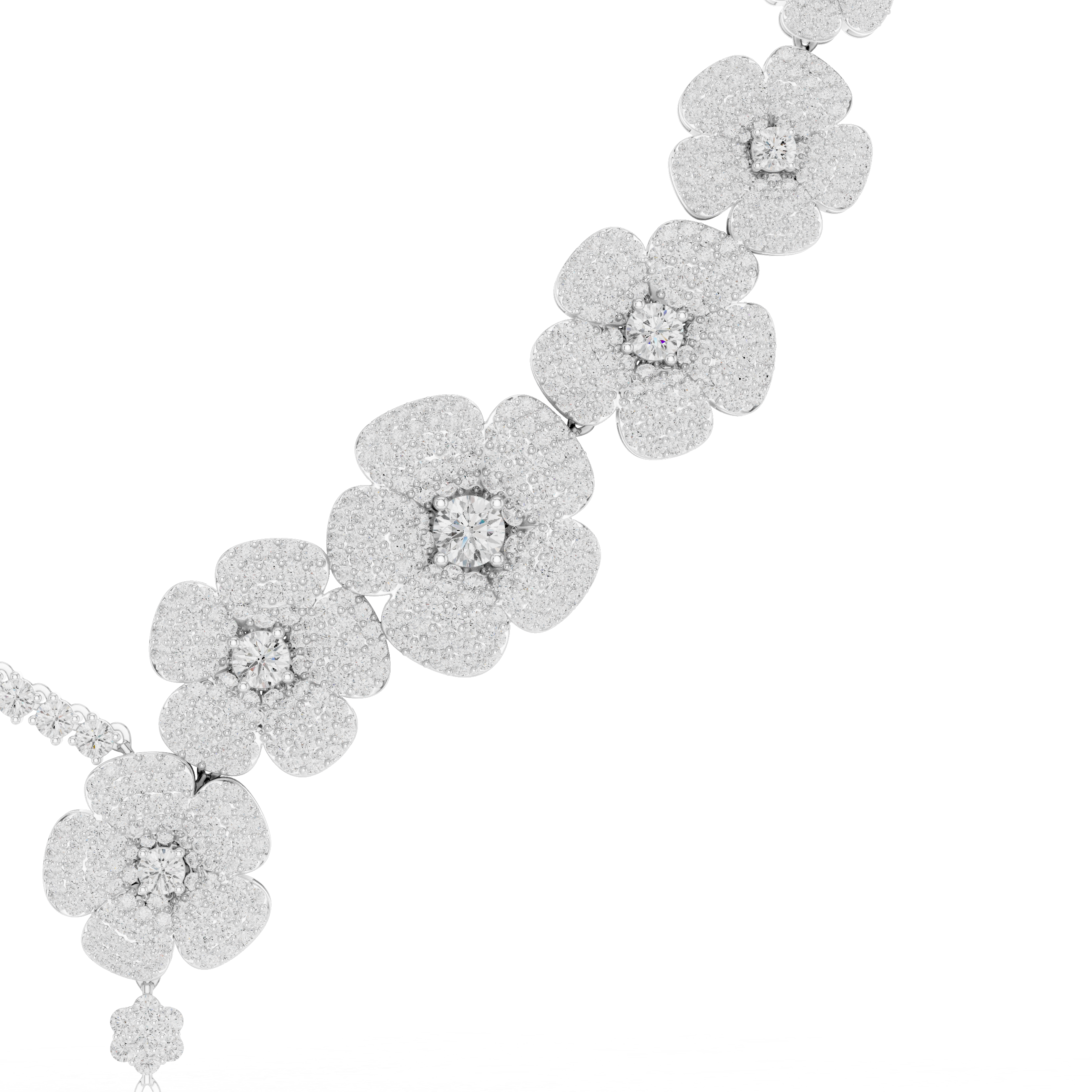 Diamond floral drop necklace with clustered round pavé flower motifs, white metal