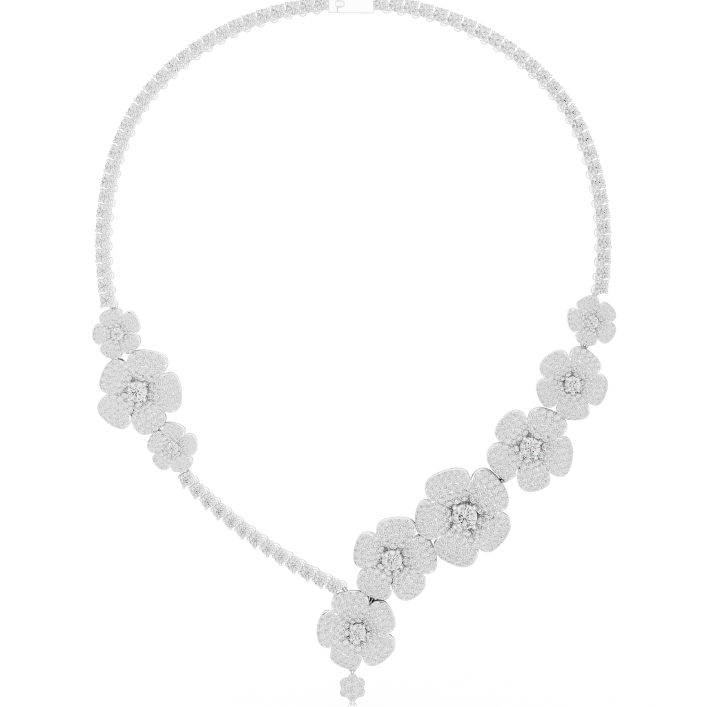 Diamond drop necklace with clustered round stones, white metal, floral link design