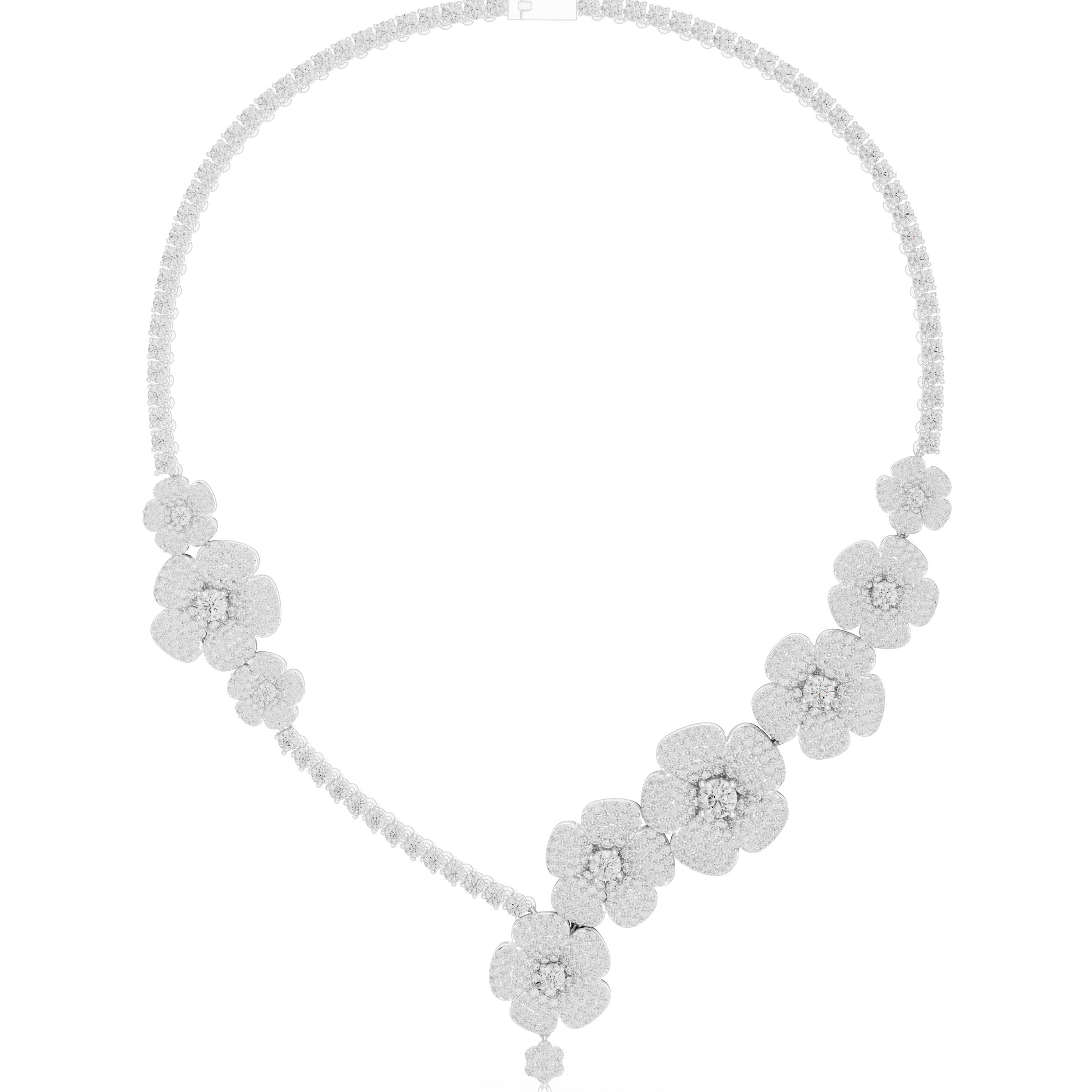 Diamond drop necklace with clustered round stones, white metal, floral link design